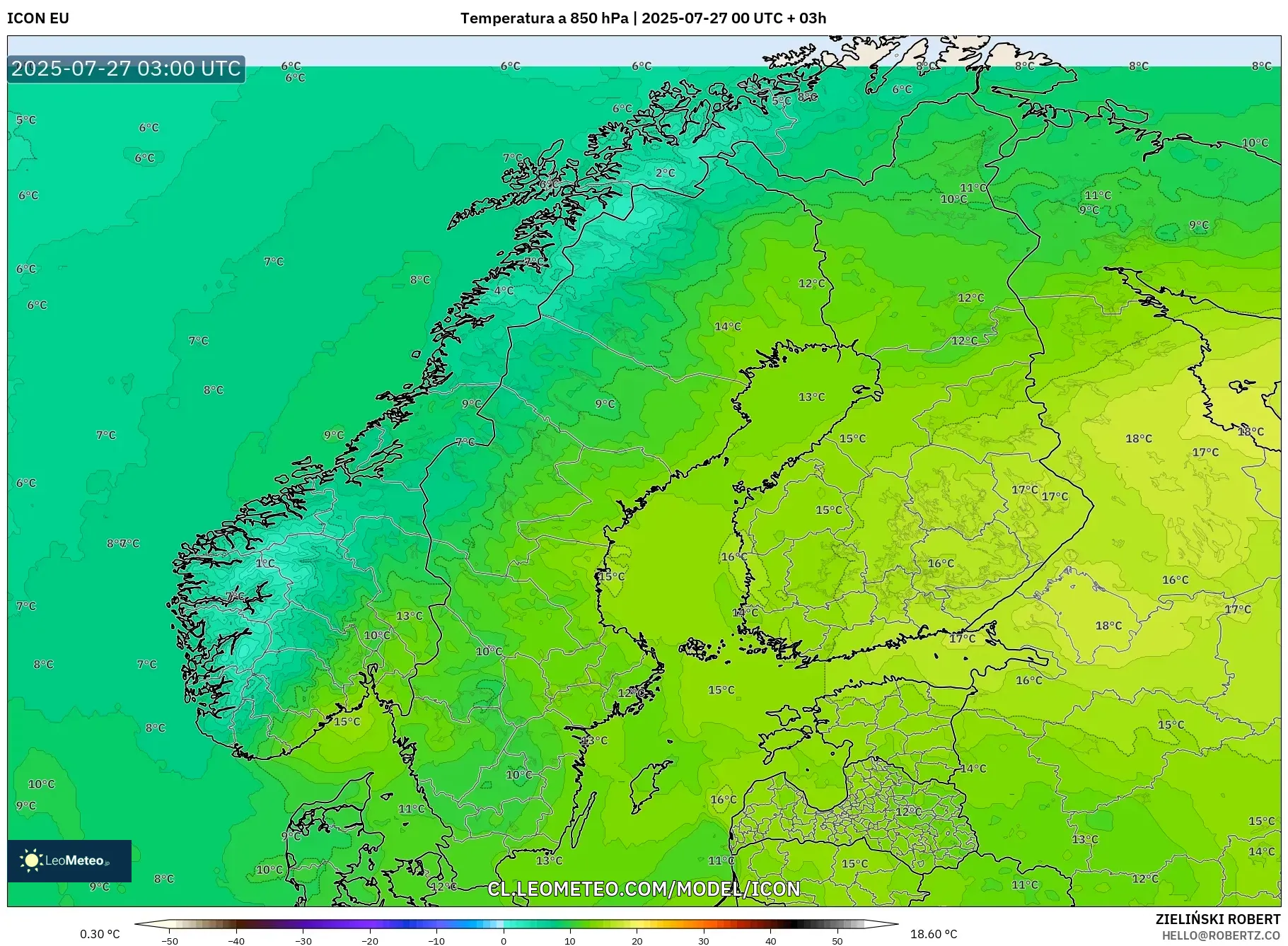ICON model - Escandinavia, Temperatura a 850 hPa ICON model - Escandinavia, Temperatura a 850 hPa