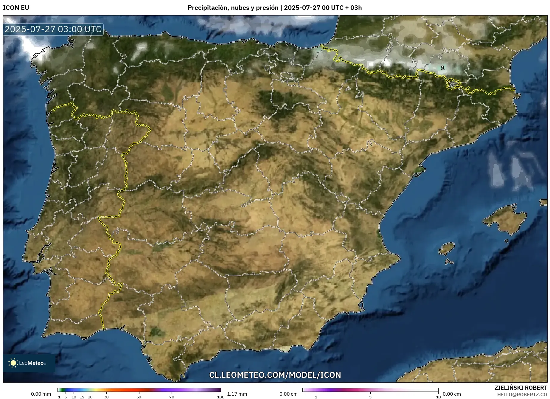 ICON model - España, Precipitación, nubes y presión ICON model - España, Precipitación, nubes y presión