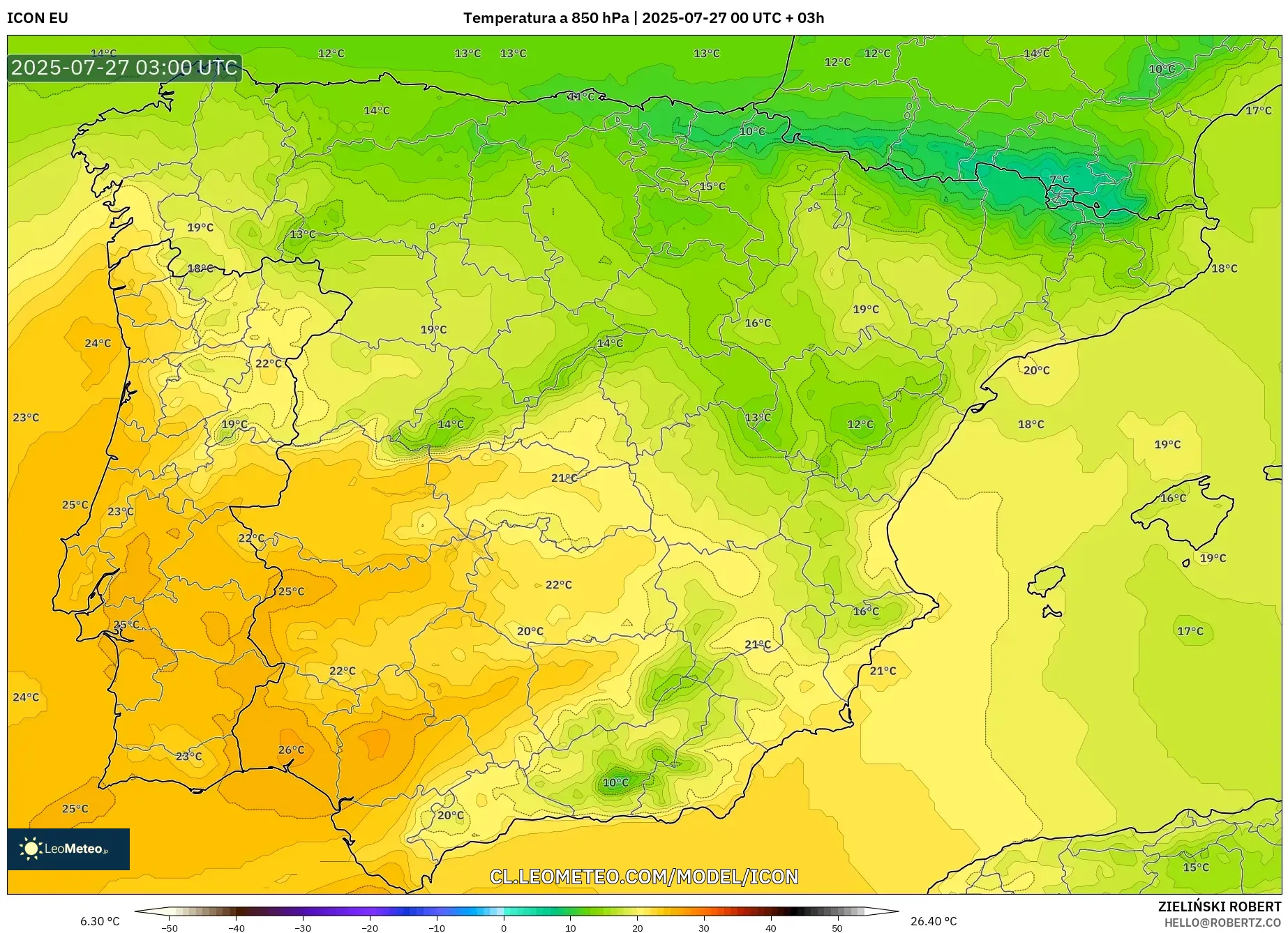 ICON model - España, Temperatura a 850 hPa ICON model - España, Temperatura a 850 hPa