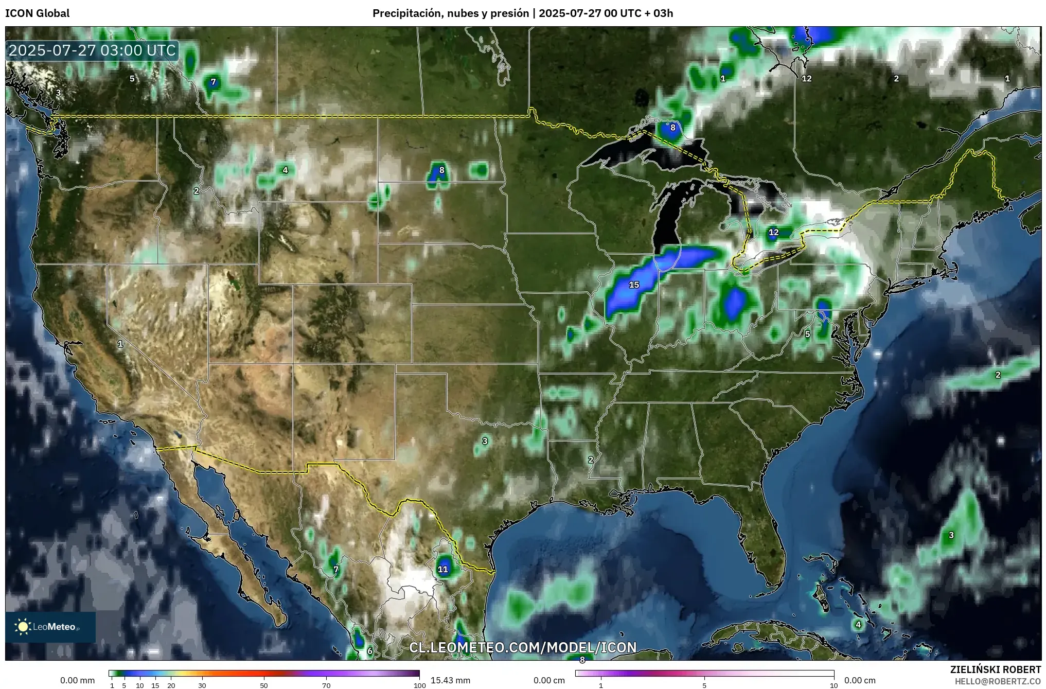 ICON model - Estados Unidos, Precipitación, nubes y presión ICON model - Estados Unidos, Precipitación, nubes y presión