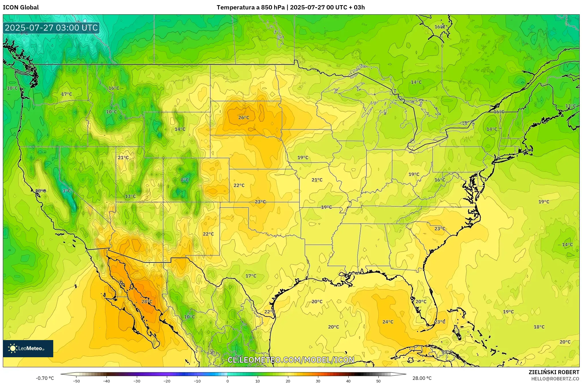 ICON model - Estados Unidos, Temperatura a 850 hPa ICON model - Estados Unidos, Temperatura a 850 hPa