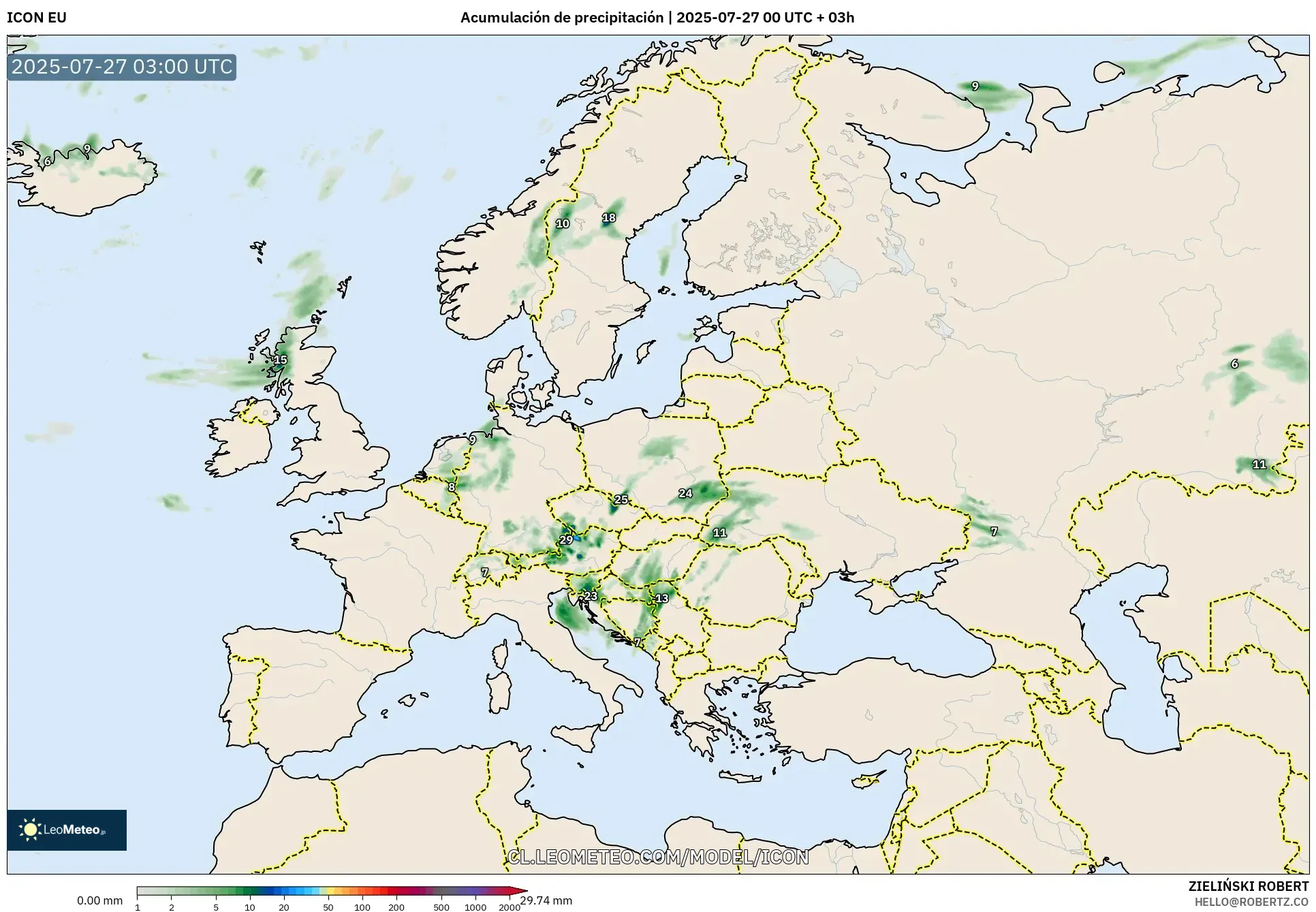 ICON model - Europa, Acumulación de precipitación ICON model - Europa, Acumulación de precipitación