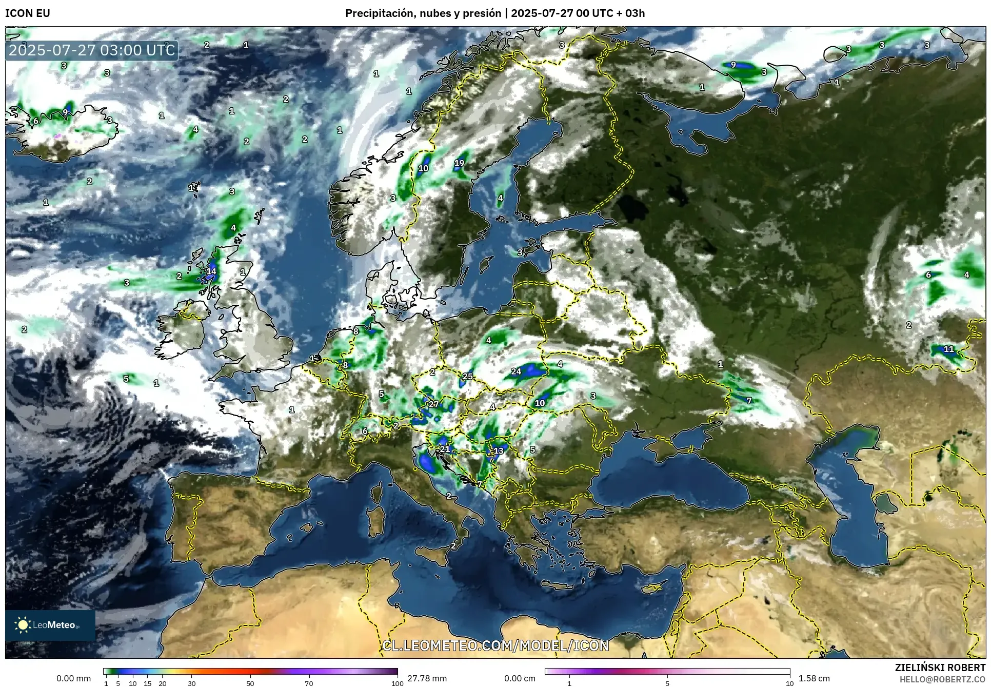 ICON model - Europa, Precipitación, nubes y presión ICON model - Europa, Precipitación, nubes y presión