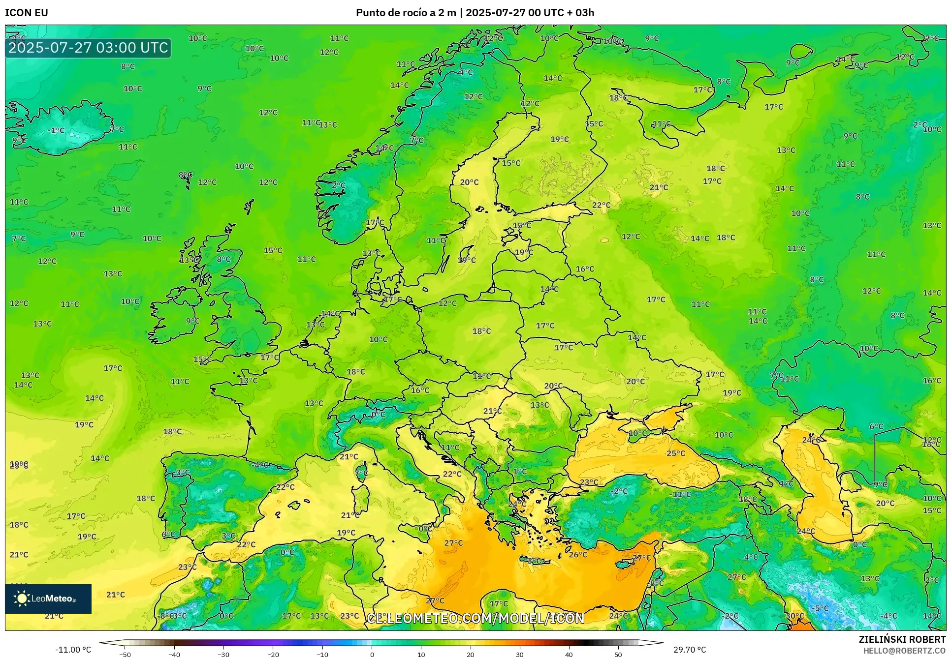 ICON model - Europa, Punto de rocío a 2 m ICON model - Europa, Punto de rocío a 2 m