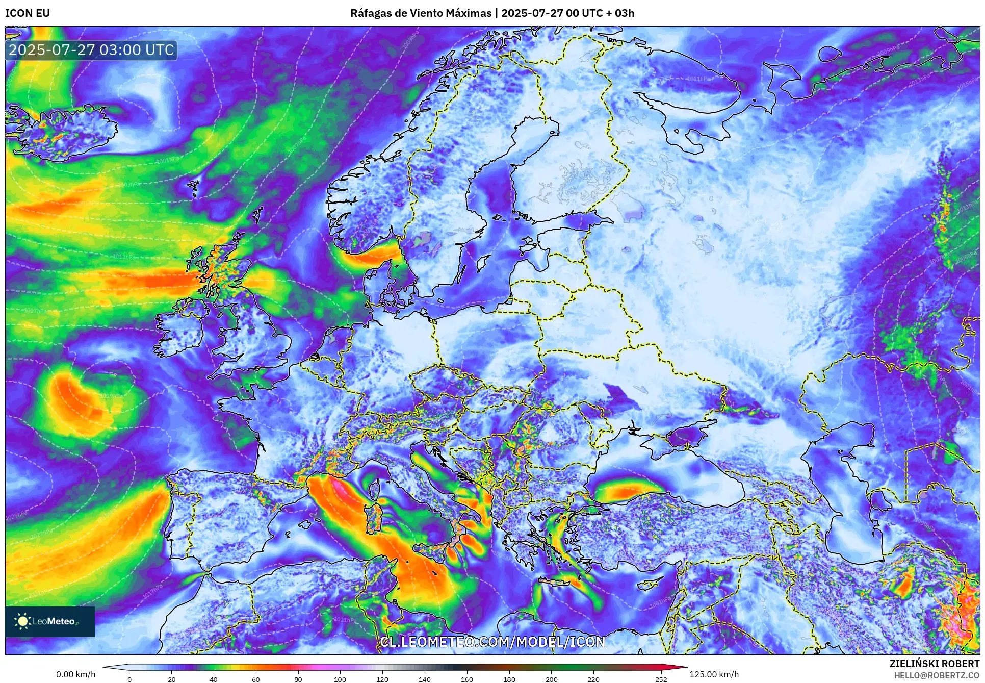 ICON model - Europa, Ráfagas de Viento Máximas ICON model - Europa, Ráfagas de Viento Máximas