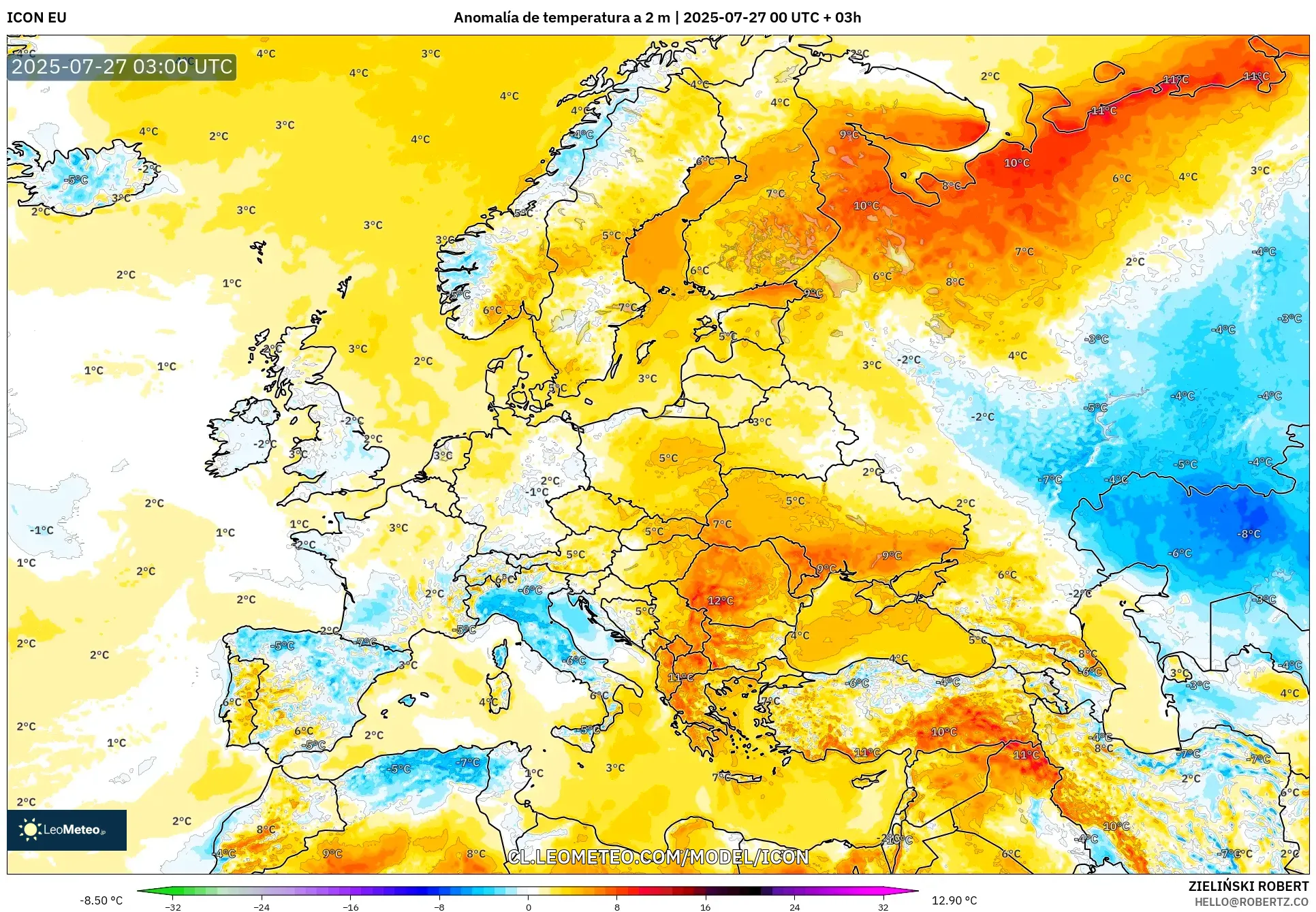 ICON model - Europa, Anomalía de temperatura a 2 m ICON model - Europa, Anomalía de temperatura a 2 m