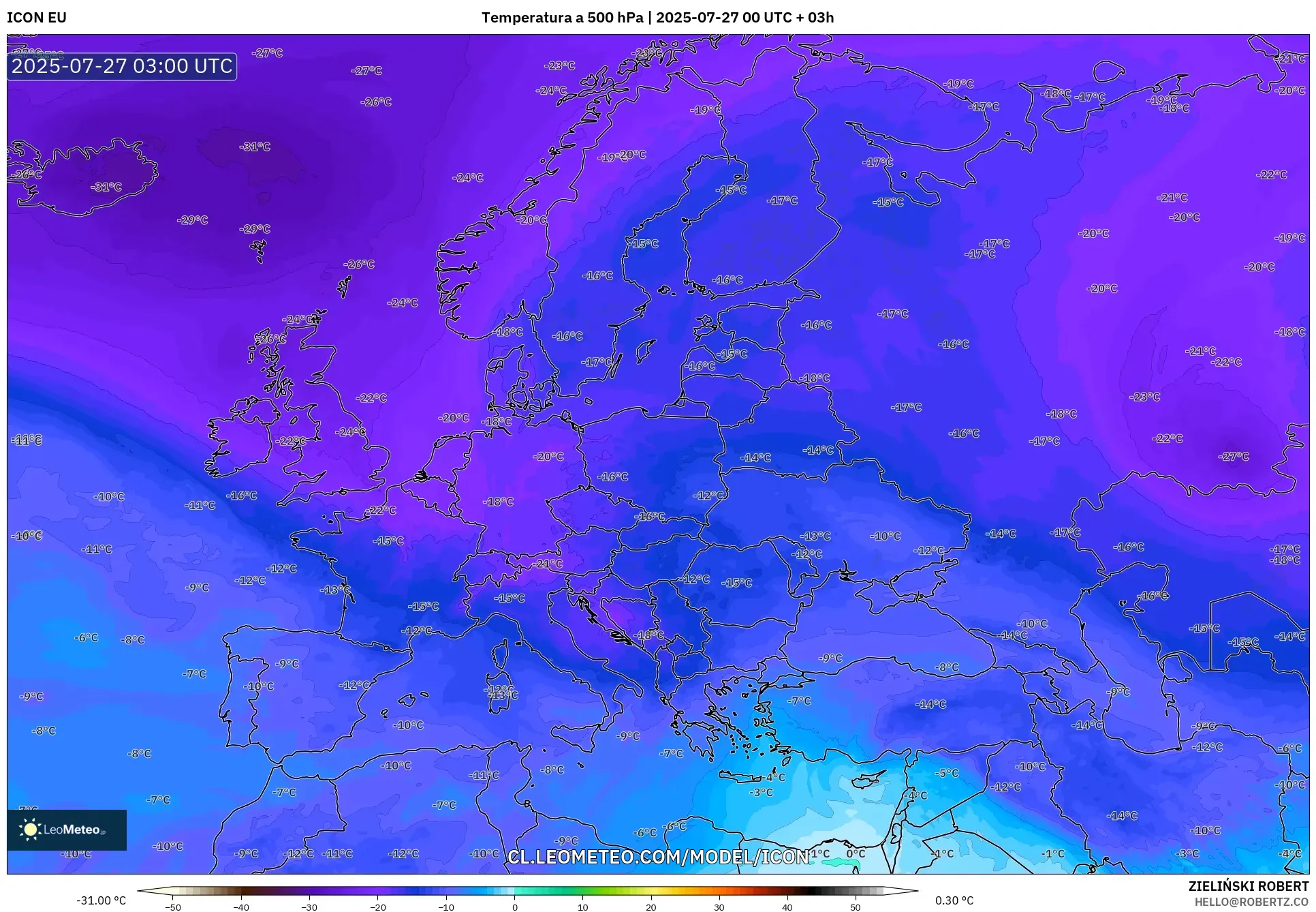 ICON model - Europa, Temperatura a 500 hPa ICON model - Europa, Temperatura a 500 hPa
