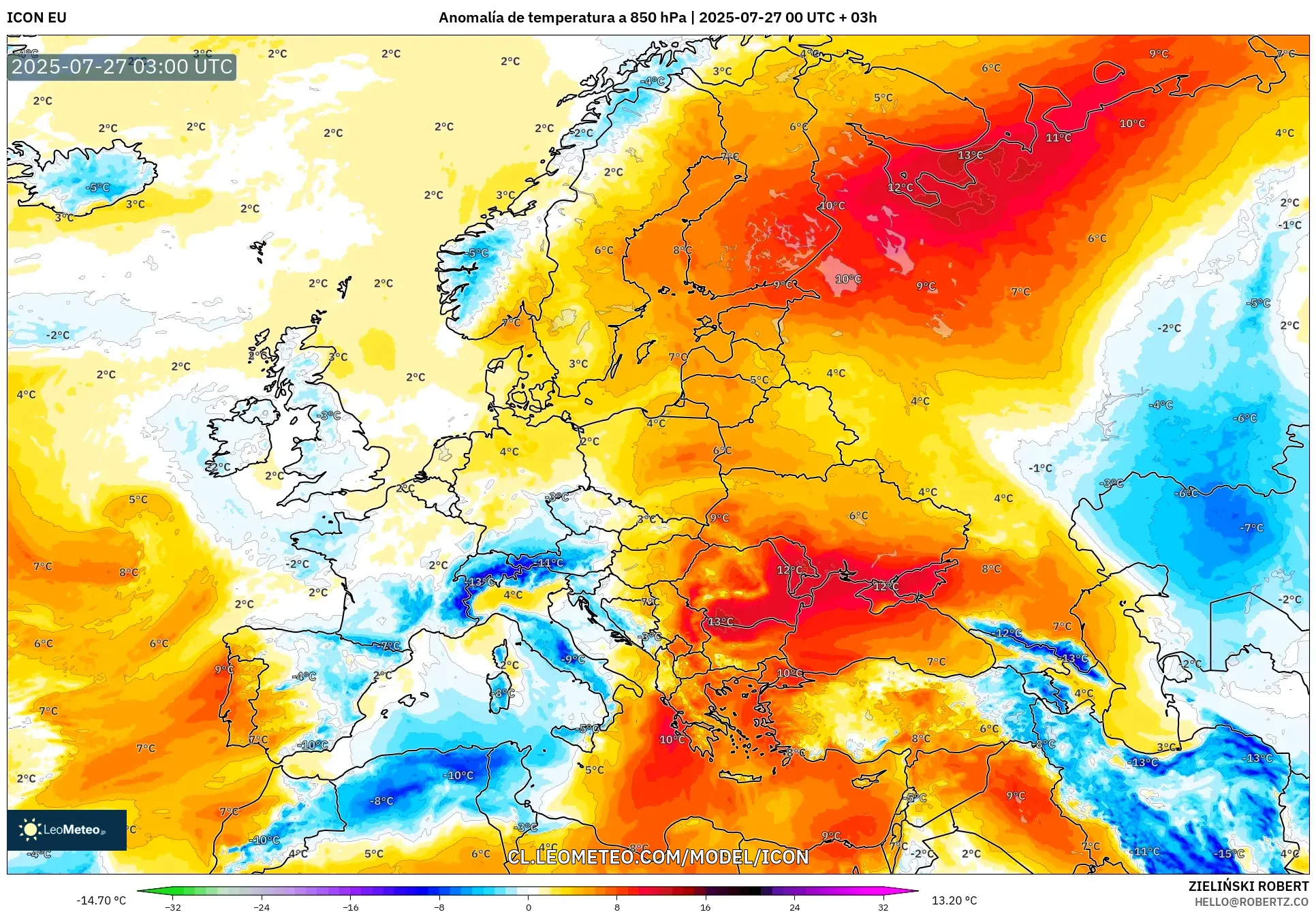 ICON model - Europa, Anomalía de temperatura a 850 hPa ICON model - Europa, Anomalía de temperatura a 850 hPa