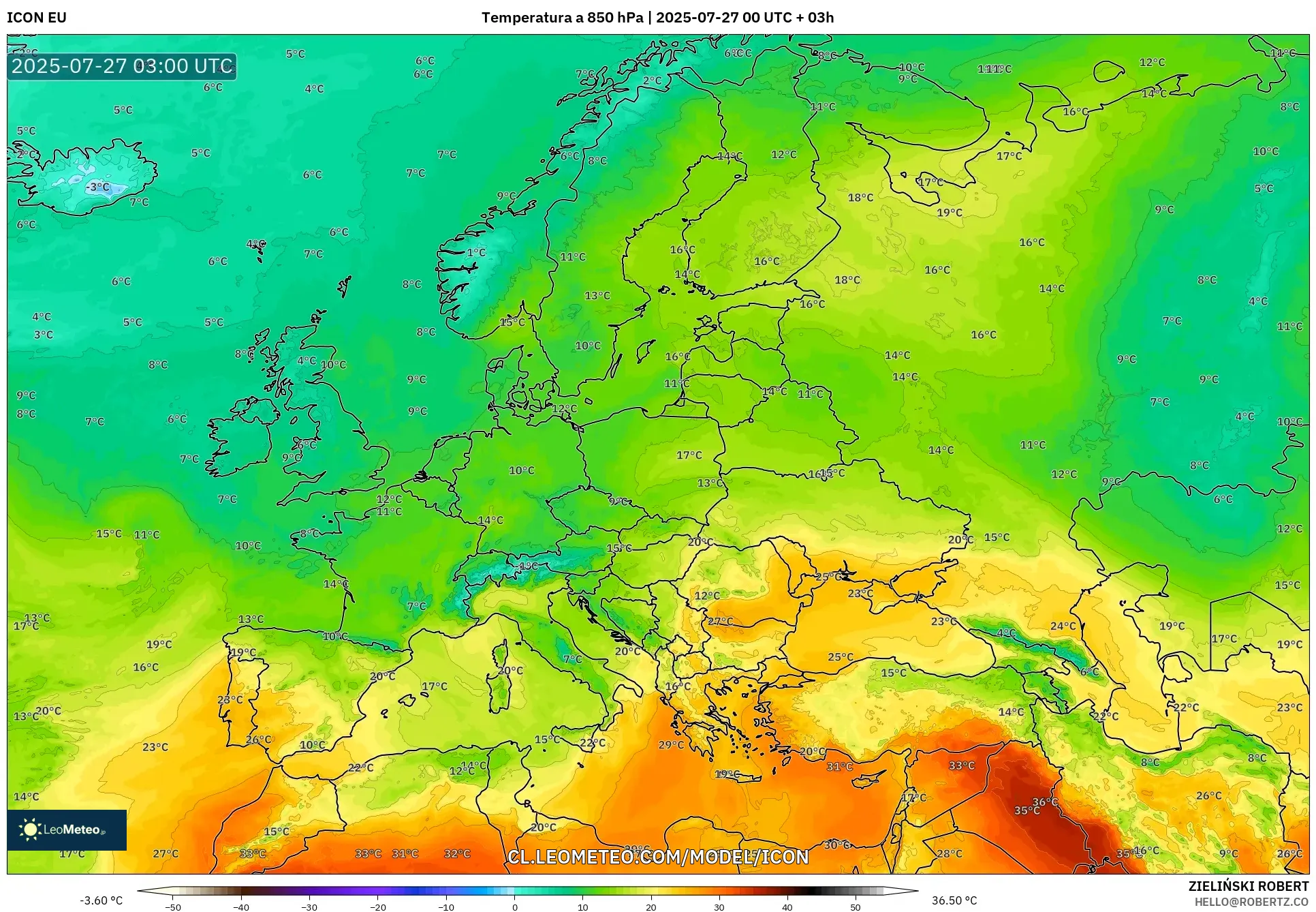 ICON model - Europa, Temperatura a 850 hPa