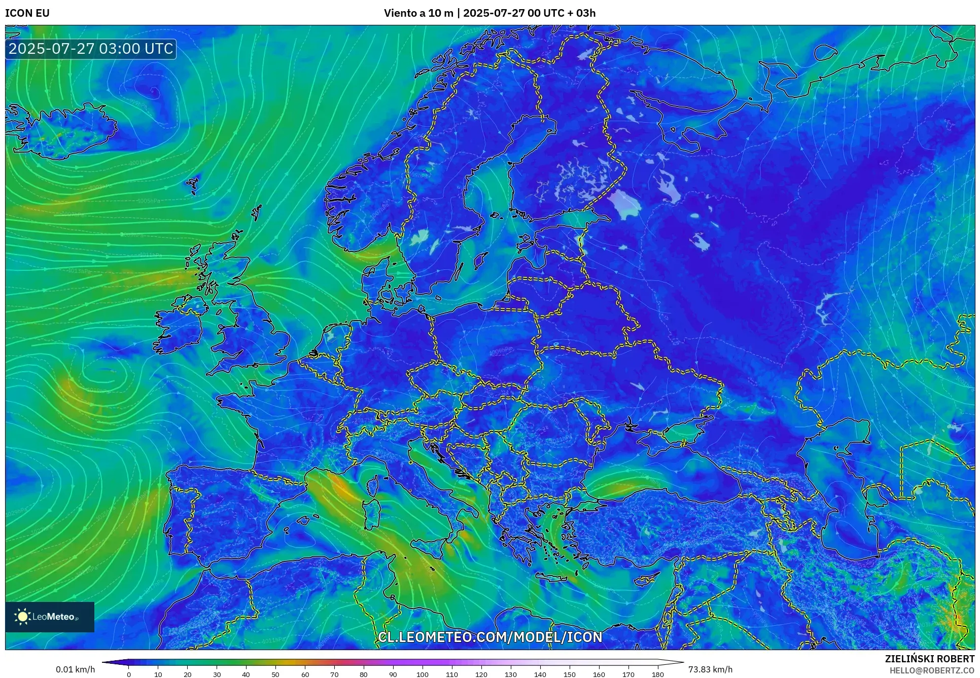 ICON model - Europa, Viento a 10 m ICON model - Europa, Viento a 10 m