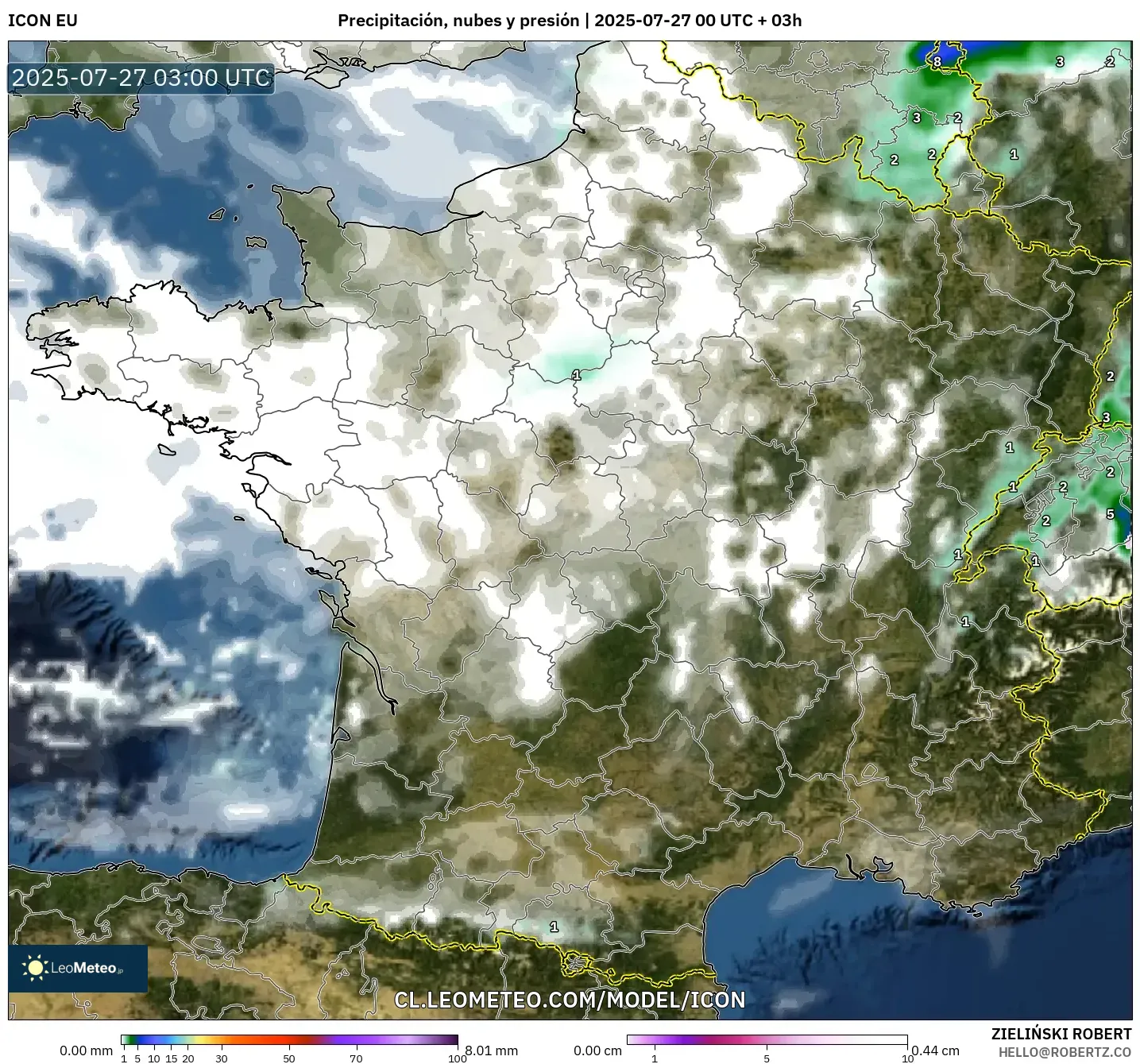 ICON model - Francia, Precipitación, nubes y presión ICON model - Francia, Precipitación, nubes y presión