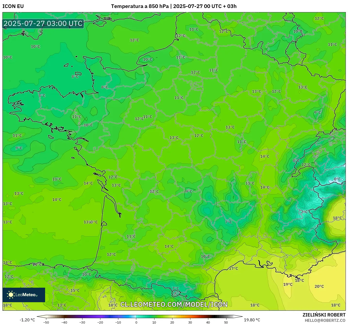 ICON model - Francia, Temperatura a 850 hPa