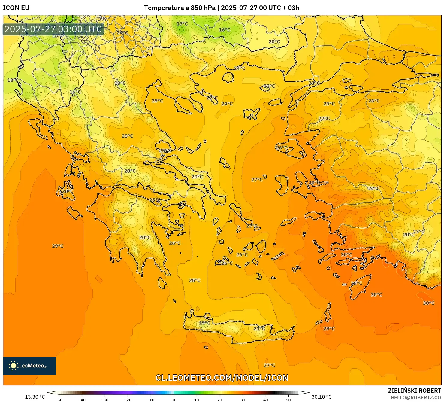 ICON model - Grecia, Temperatura a 850 hPa ICON model - Grecia, Temperatura a 850 hPa