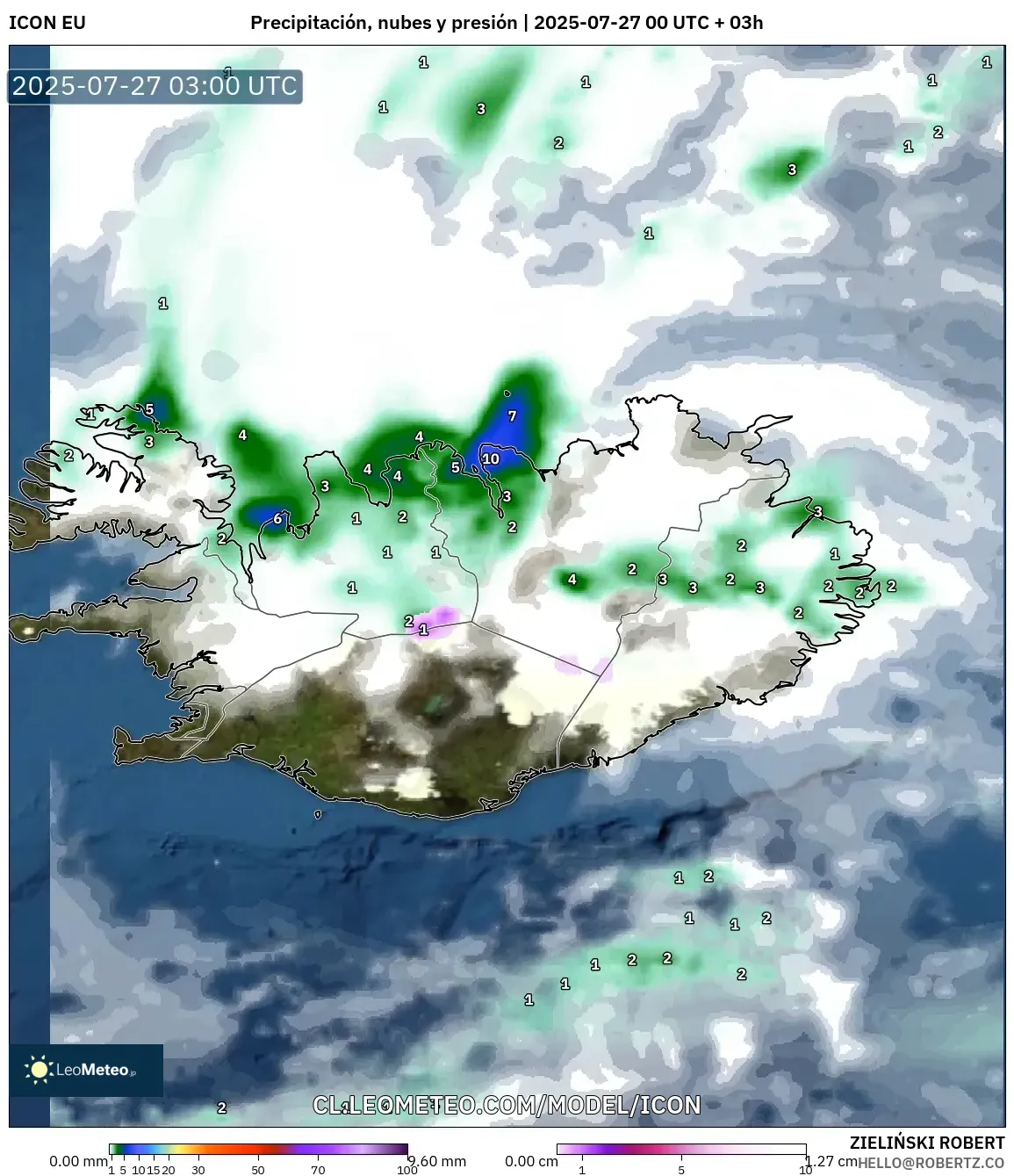 ICON model - Islandia, Precipitación, nubes y presión ICON model - Islandia, Precipitación, nubes y presión