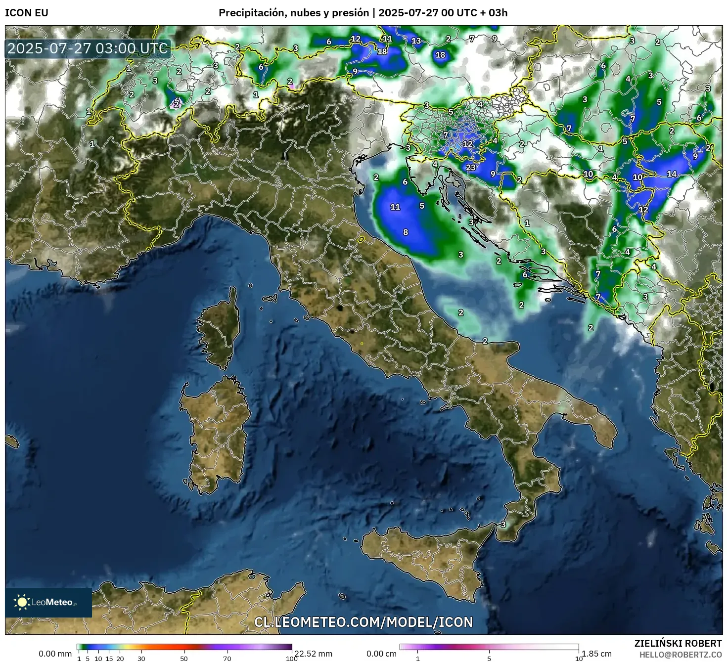 ICON model - Italia, Precipitación, nubes y presión ICON model - Italia, Precipitación, nubes y presión
