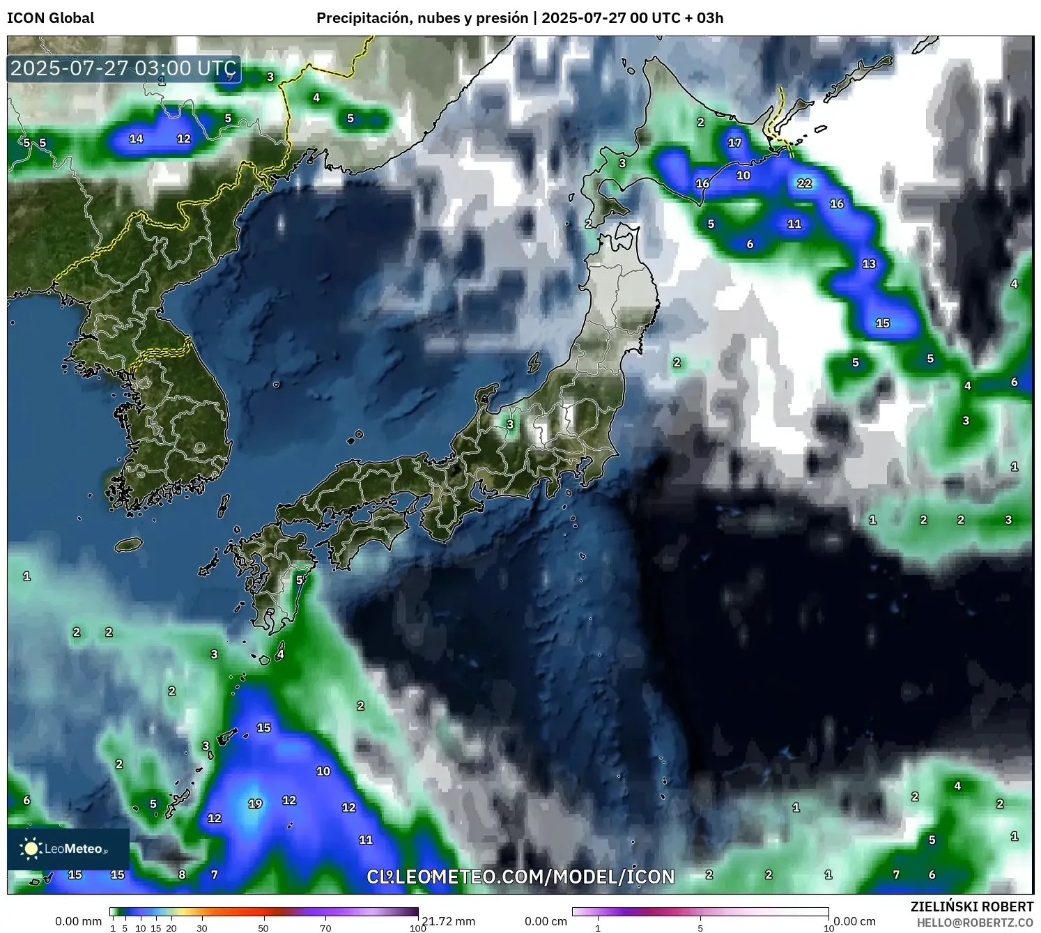ICON model - Japón, Precipitación, nubes y presión ICON model - Japón, Precipitación, nubes y presión