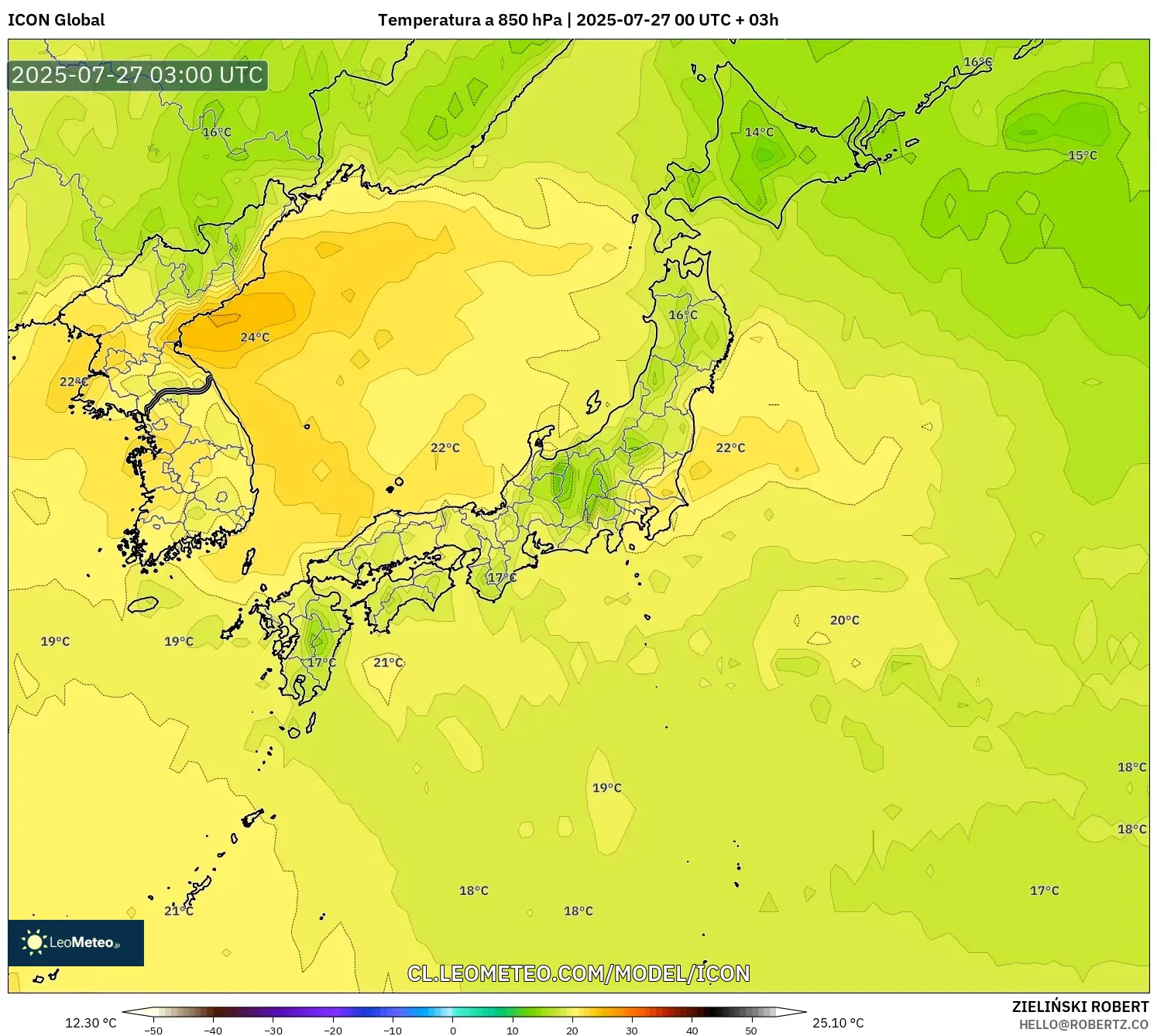 ICON model - Japón, Temperatura a 850 hPa ICON model - Japón, Temperatura a 850 hPa
