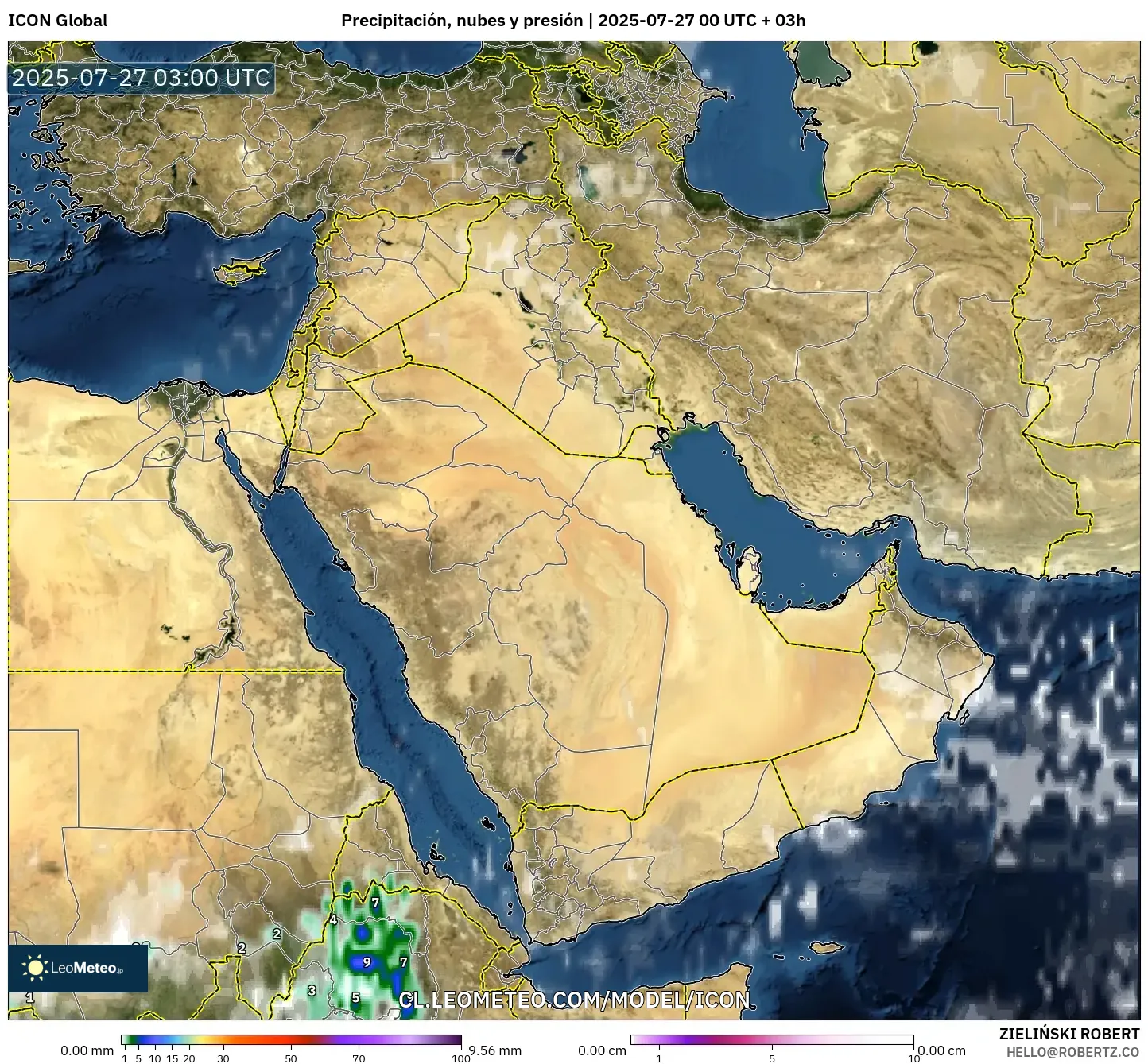 ICON model - Oriente Medio, Precipitación, nubes y presión ICON model - Oriente Medio, Precipitación, nubes y presión