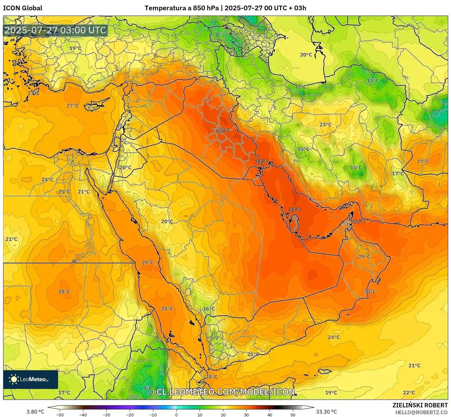 ICON model - Oriente Medio, Temperatura a 850 hPa ICON model - Oriente Medio, Temperatura a 850 hPa