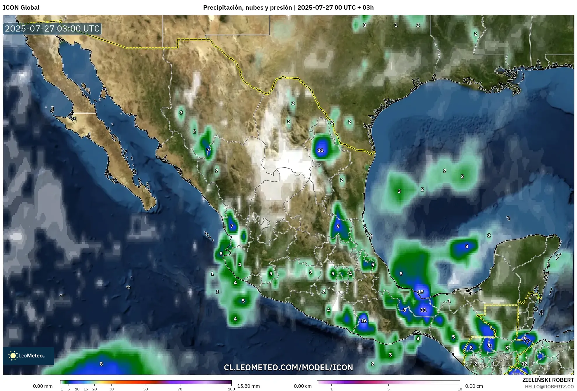 ICON model - México, Precipitación, nubes y presión ICON model - México, Precipitación, nubes y presión