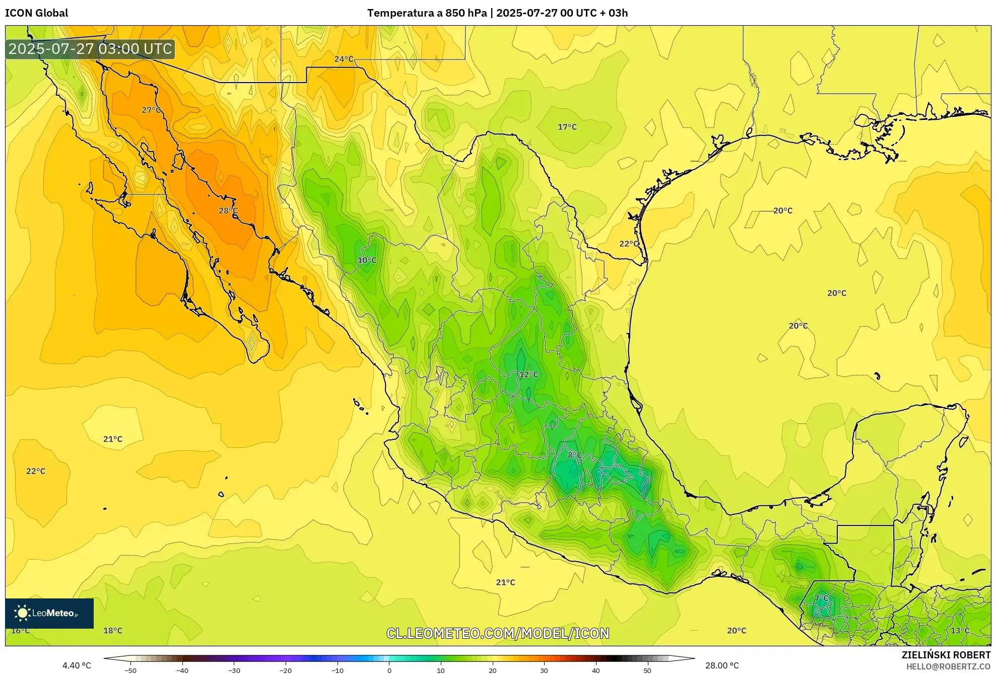 ICON model - México, Temperatura a 850 hPa ICON model - México, Temperatura a 850 hPa