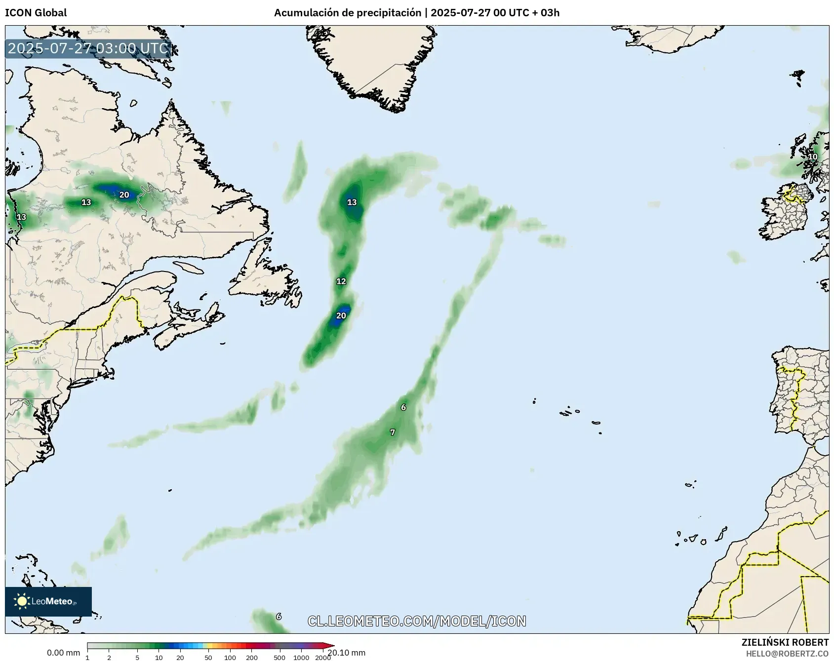 ICON model - Norte Atlántico, Acumulación de precipitación ICON model - Norte Atlántico, Acumulación de precipitación