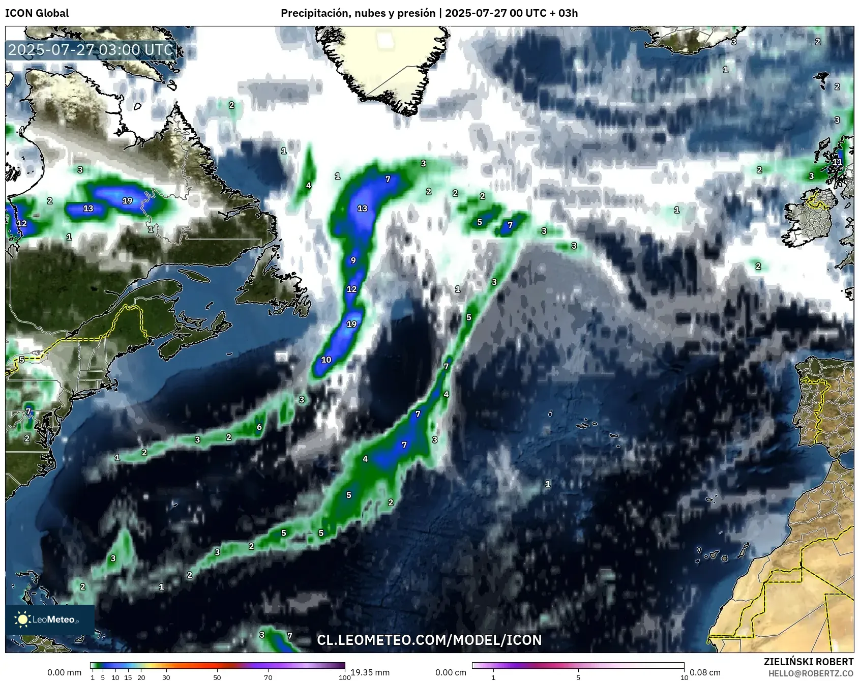 ICON model - Norte Atlántico, Precipitación, nubes y presión ICON model - Norte Atlántico, Precipitación, nubes y presión