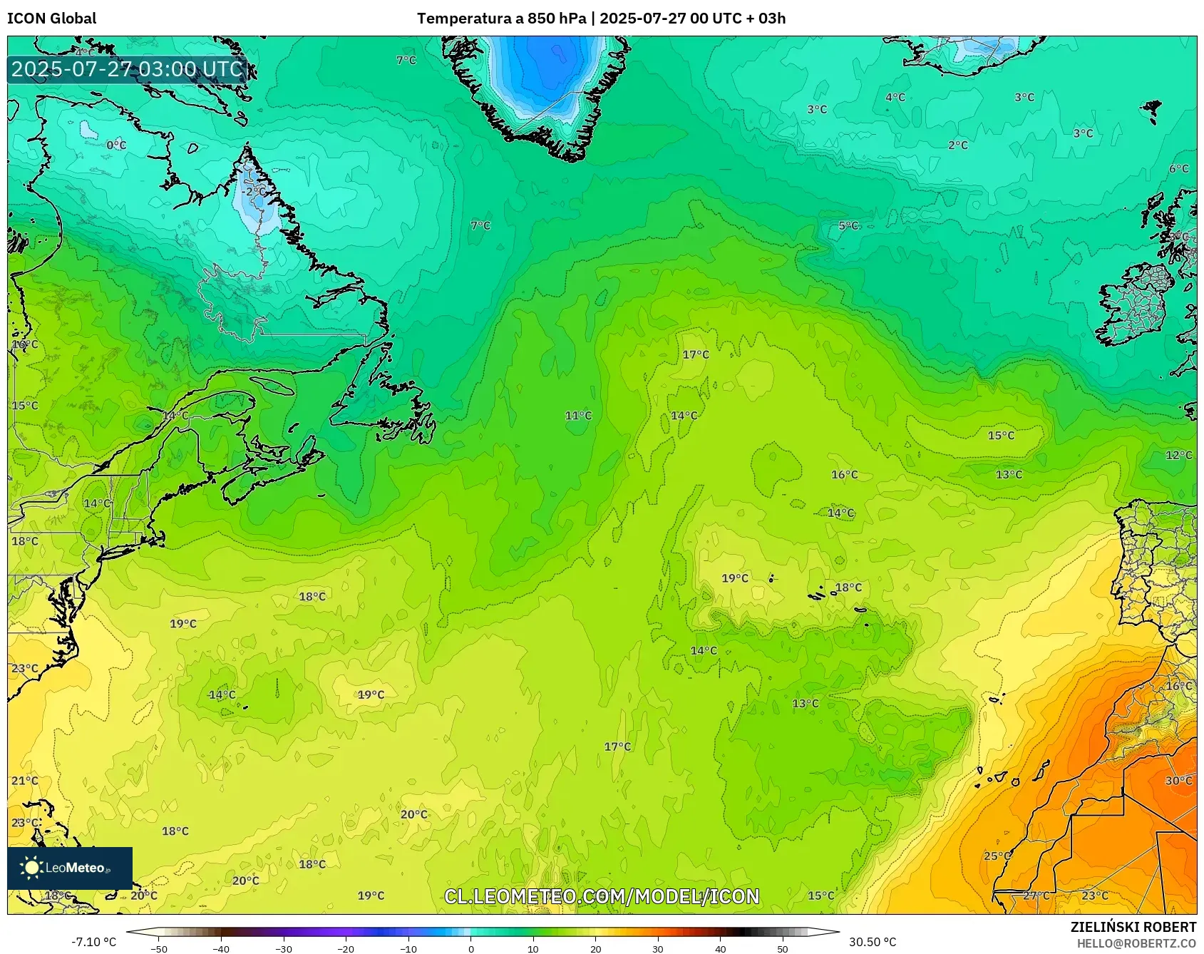 ICON model - Norte Atlántico, Temperatura a 850 hPa