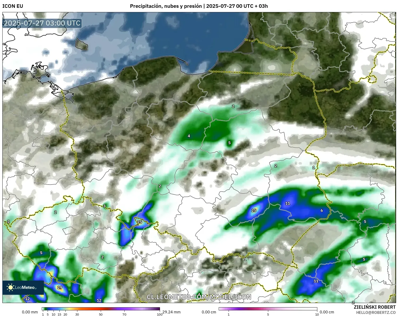 ICON model - Polonia, Precipitación, nubes y presión ICON model - Polonia, Precipitación, nubes y presión
