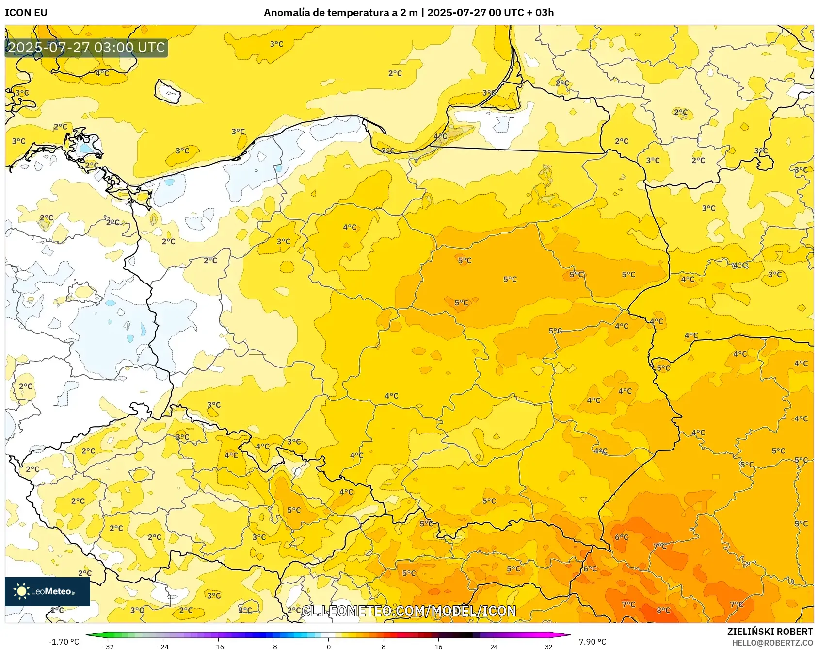ICON model - Polonia, Anomalía de temperatura a 2 m ICON model - Polonia, Anomalía de temperatura a 2 m