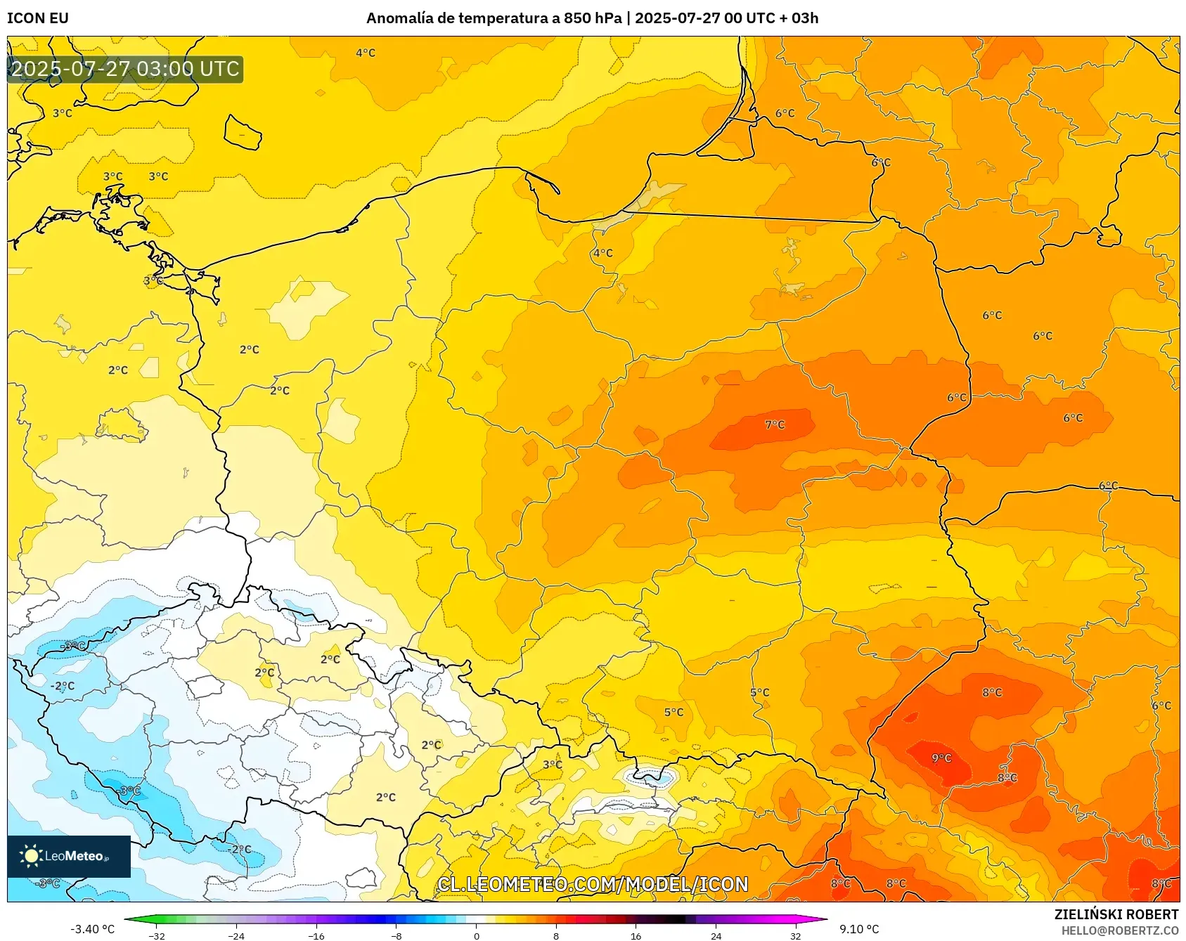 ICON model - Polonia, Anomalía de temperatura a 850 hPa ICON model - Polonia, Anomalía de temperatura a 850 hPa