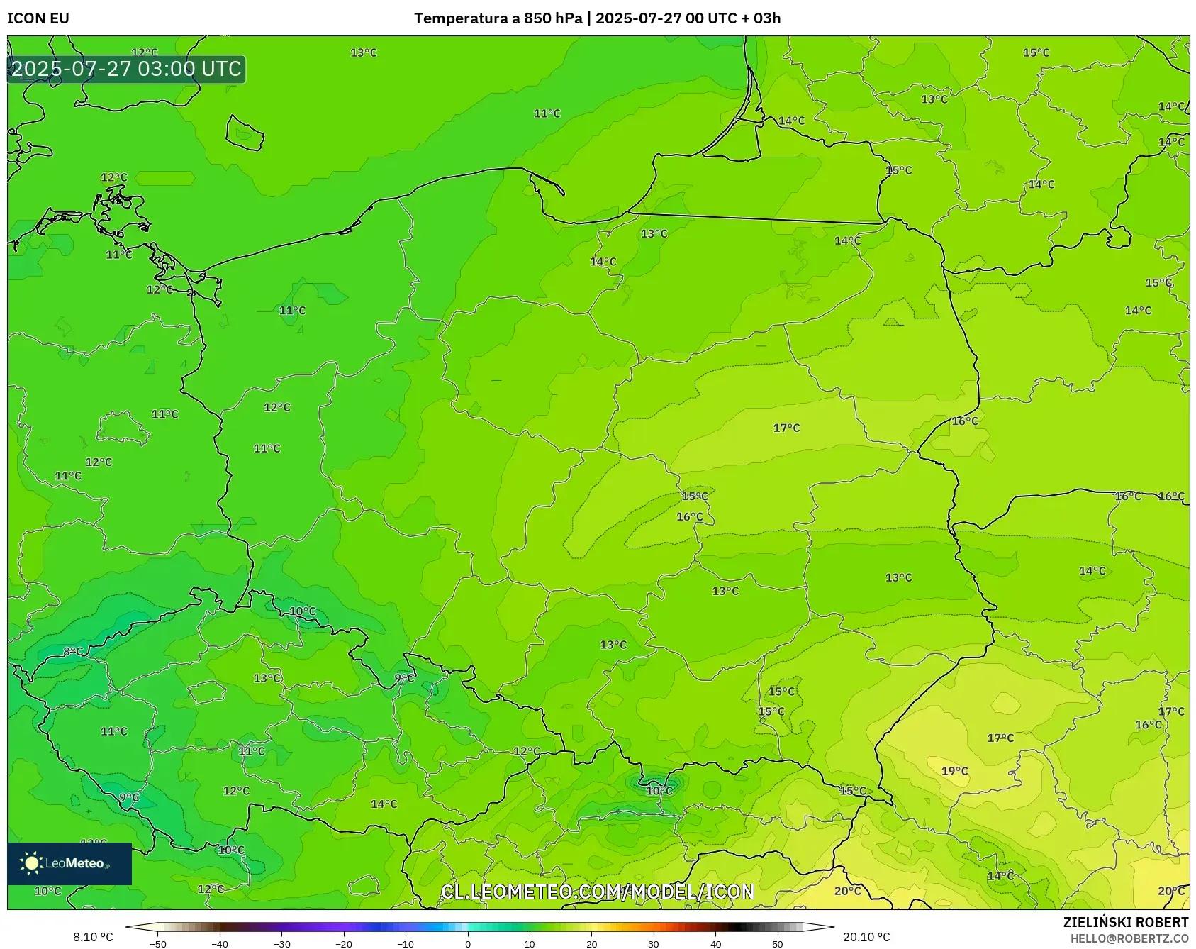 ICON model - Polonia, Temperatura a 850 hPa ICON model - Polonia, Temperatura a 850 hPa
