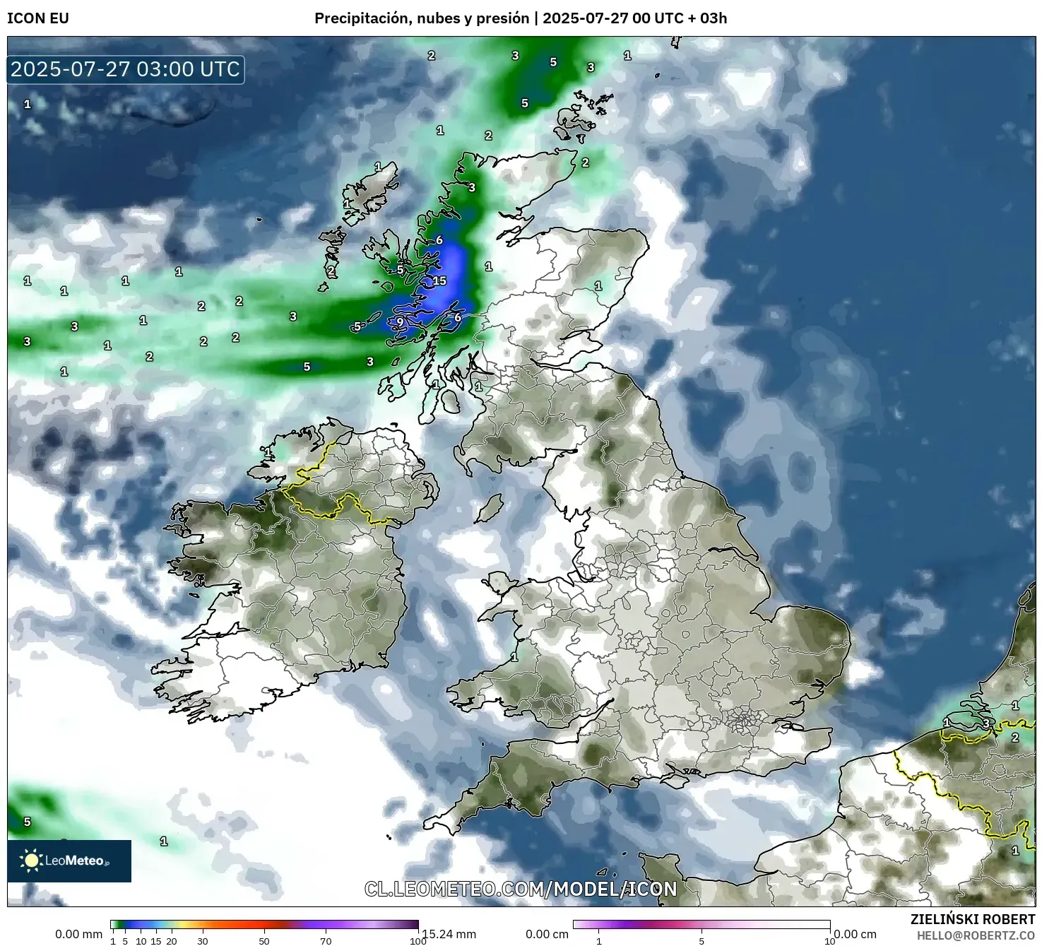 ICON model - Reino Unido, Precipitación, nubes y presión ICON model - Reino Unido, Precipitación, nubes y presión