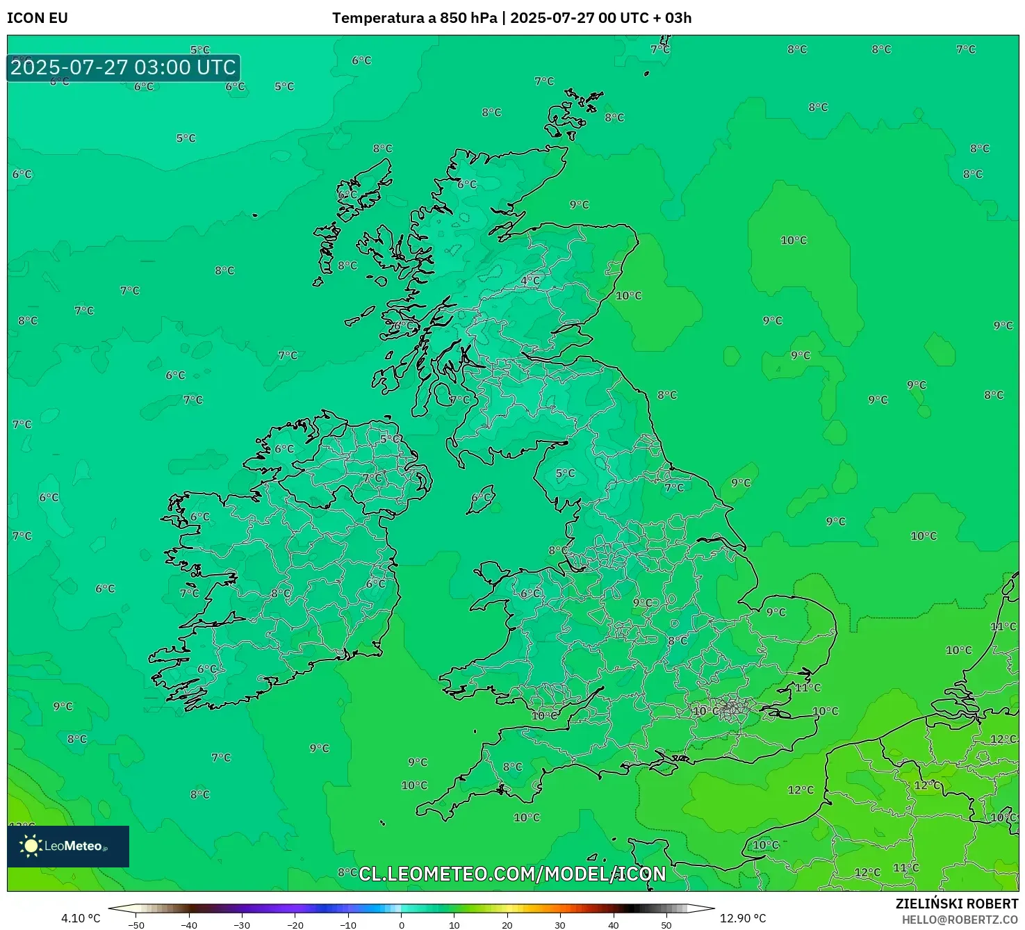 ICON model - Reino Unido, Temperatura a 850 hPa ICON model - Reino Unido, Temperatura a 850 hPa