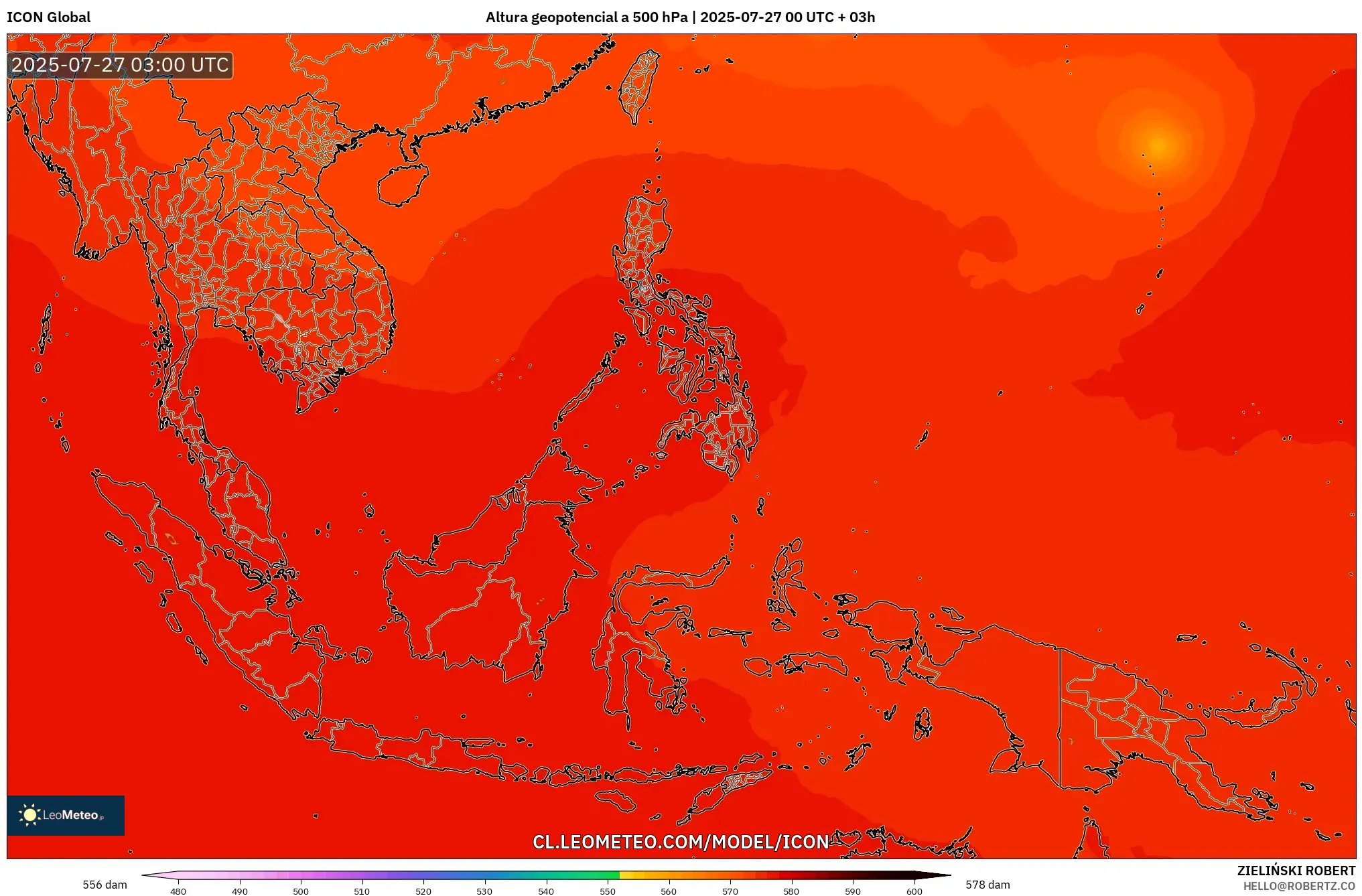 ICON model - Sudeste Asiático, Altura geopotencial a 500 hPa ICON model - Sudeste Asiático, Altura geopotencial a 500 hPa