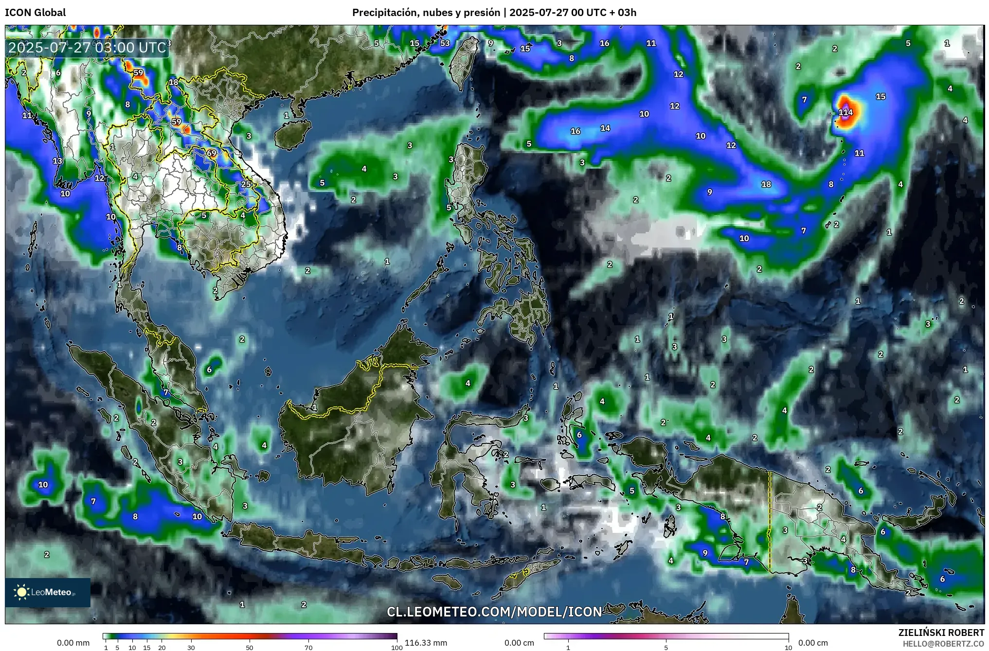 ICON model - Sudeste Asiático, Precipitación, nubes y presión ICON model - Sudeste Asiático, Precipitación, nubes y presión