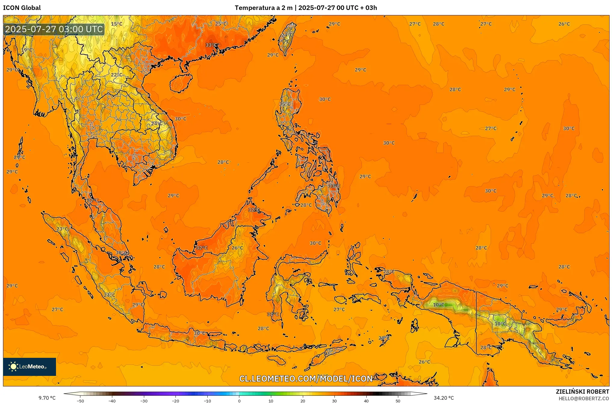 ICON model - Sudeste Asiático, Temperatura a 2 m