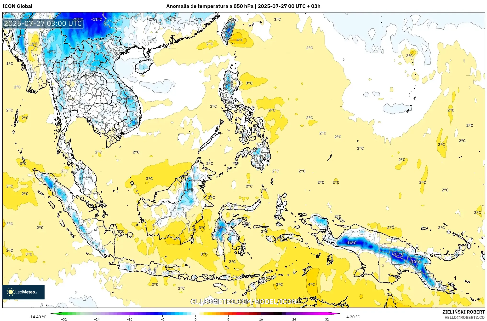 ICON model - Sudeste Asiático, Anomalía de temperatura a 850 hPa ICON model - Sudeste Asiático, Anomalía de temperatura a 850 hPa