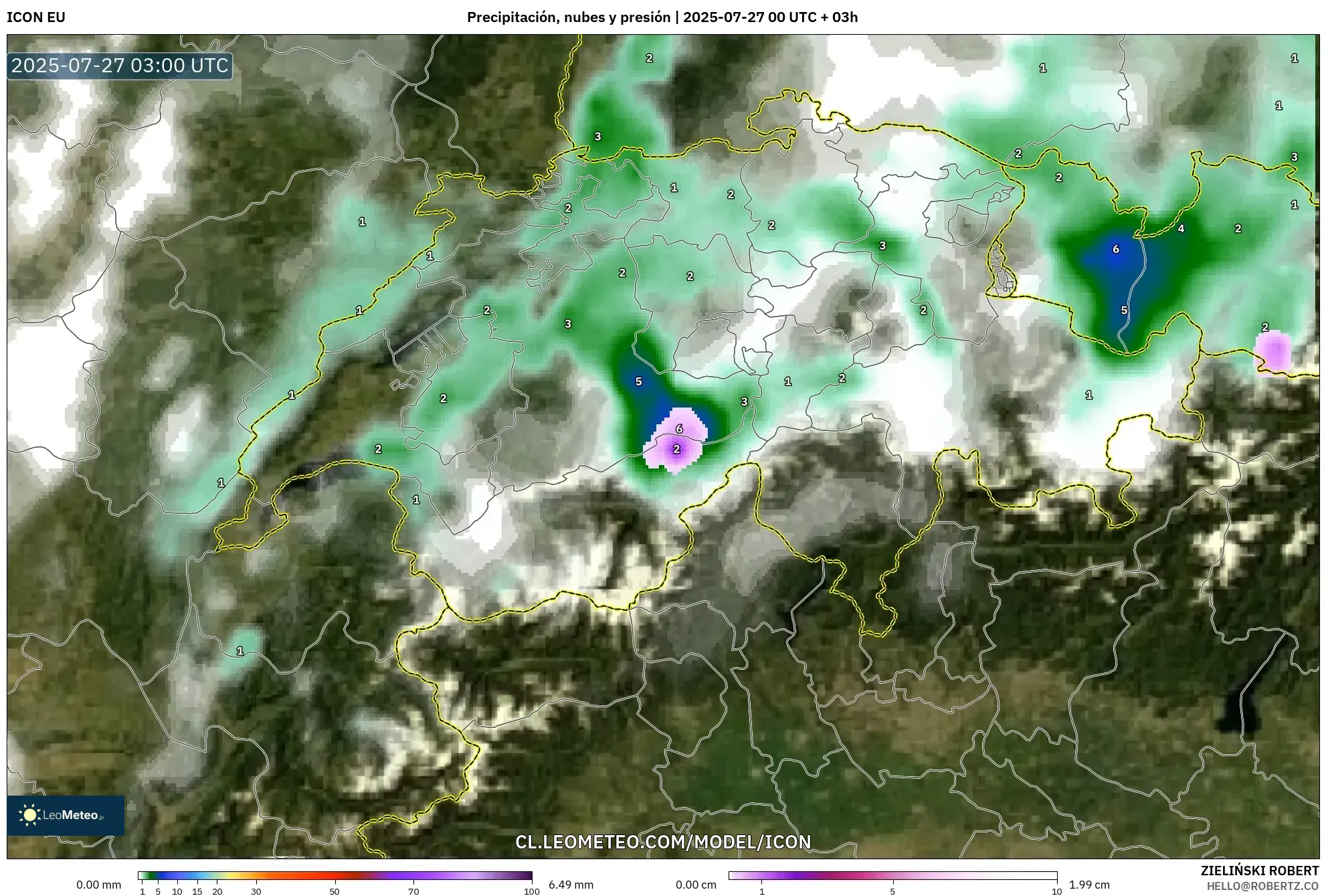 ICON model - Suiza, Precipitación, nubes y presión ICON model - Suiza, Precipitación, nubes y presión
