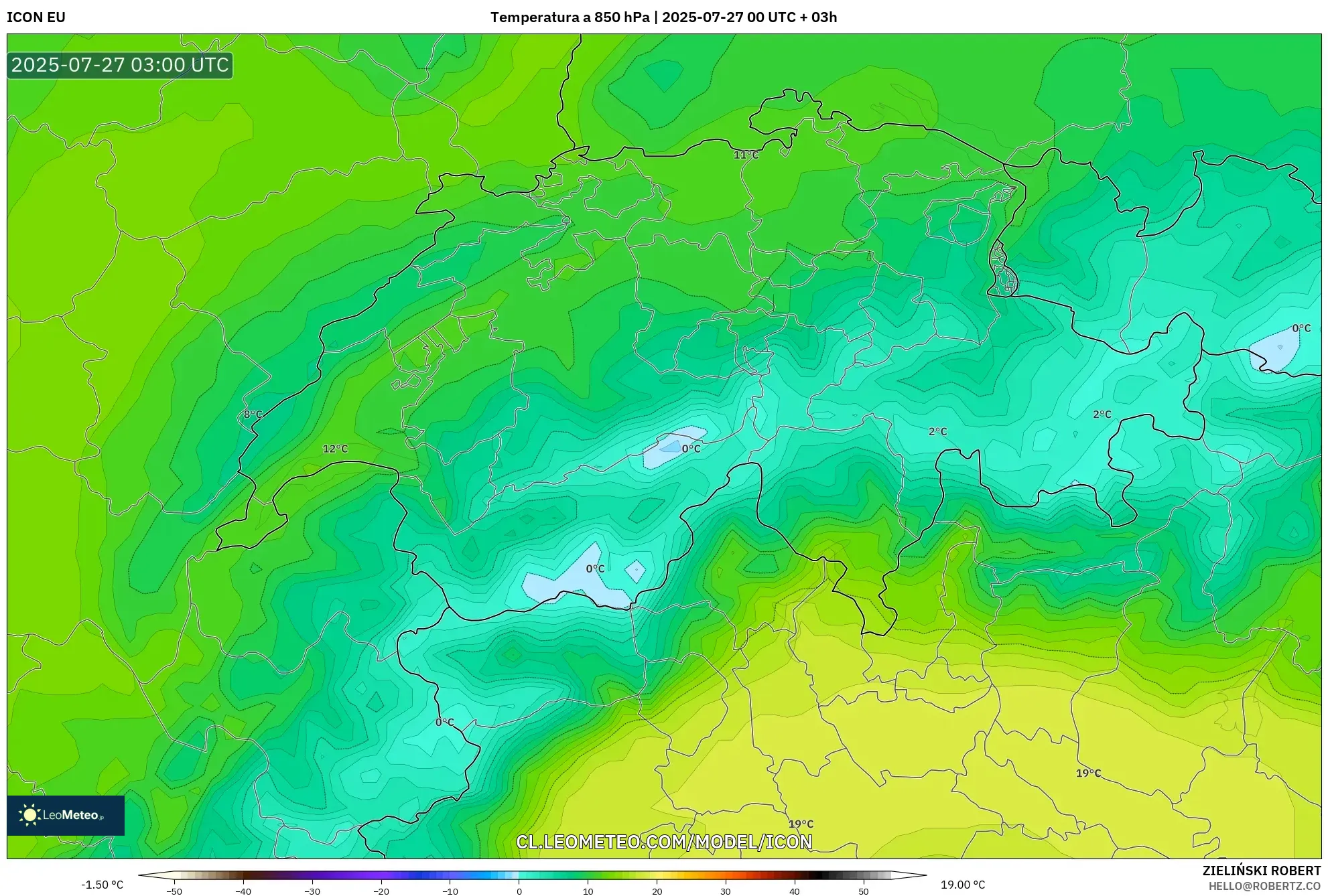 ICON model - Suiza, Temperatura a 850 hPa ICON model - Suiza, Temperatura a 850 hPa