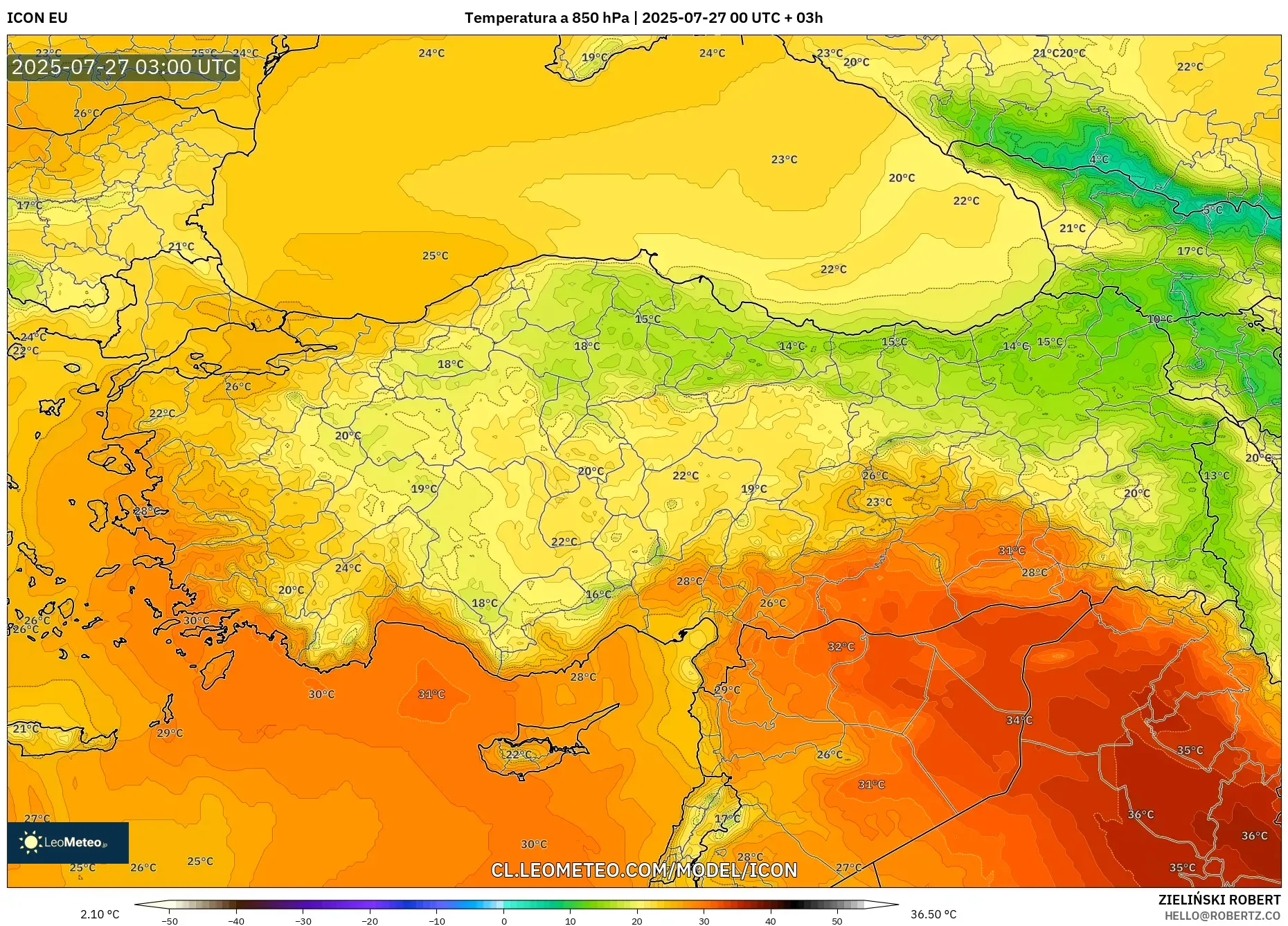 ICON model - Turquía, Temperatura a 850 hPa ICON model - Turquía, Temperatura a 850 hPa