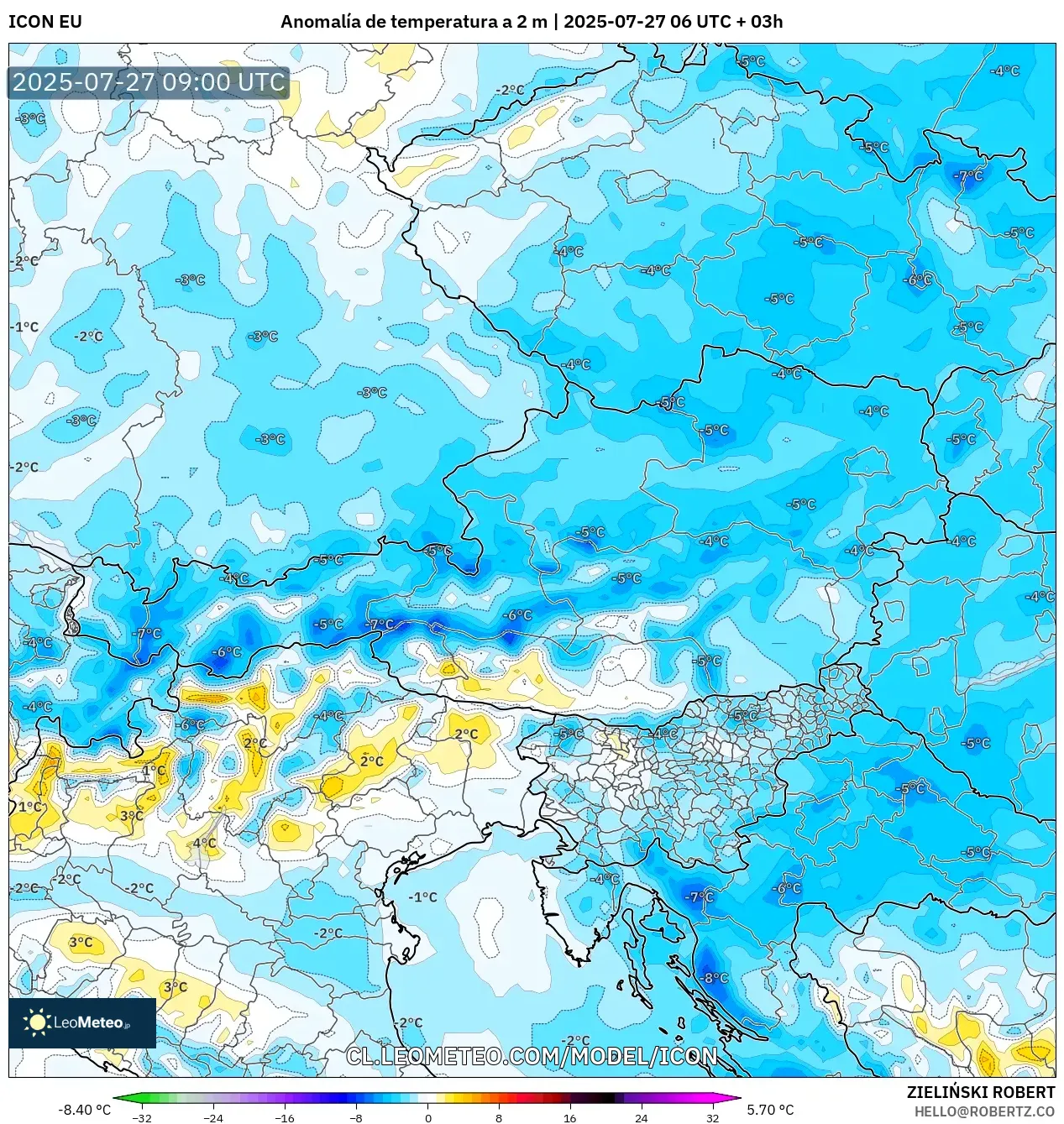 ICON model - Austria, Anomalía de temperatura a 2 m ICON model - Austria, Anomalía de temperatura a 2 m