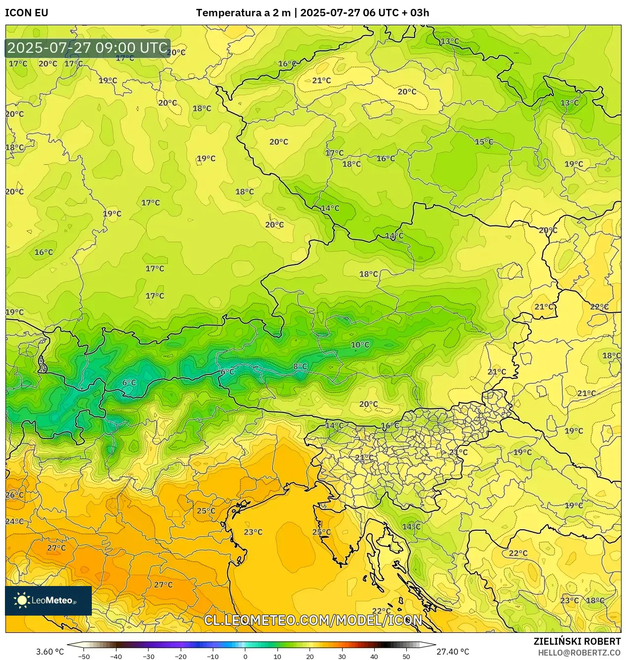 ICON model - Austria, Temperatura a 2 m ICON model - Austria, Temperatura a 2 m