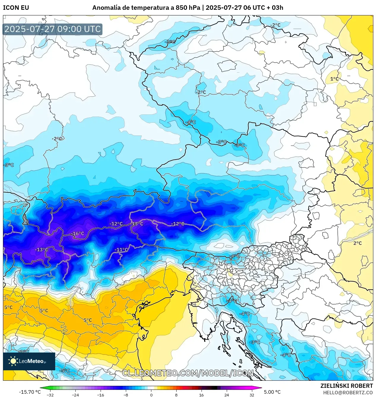 ICON model - Austria, Anomalía de temperatura a 850 hPa ICON model - Austria, Anomalía de temperatura a 850 hPa