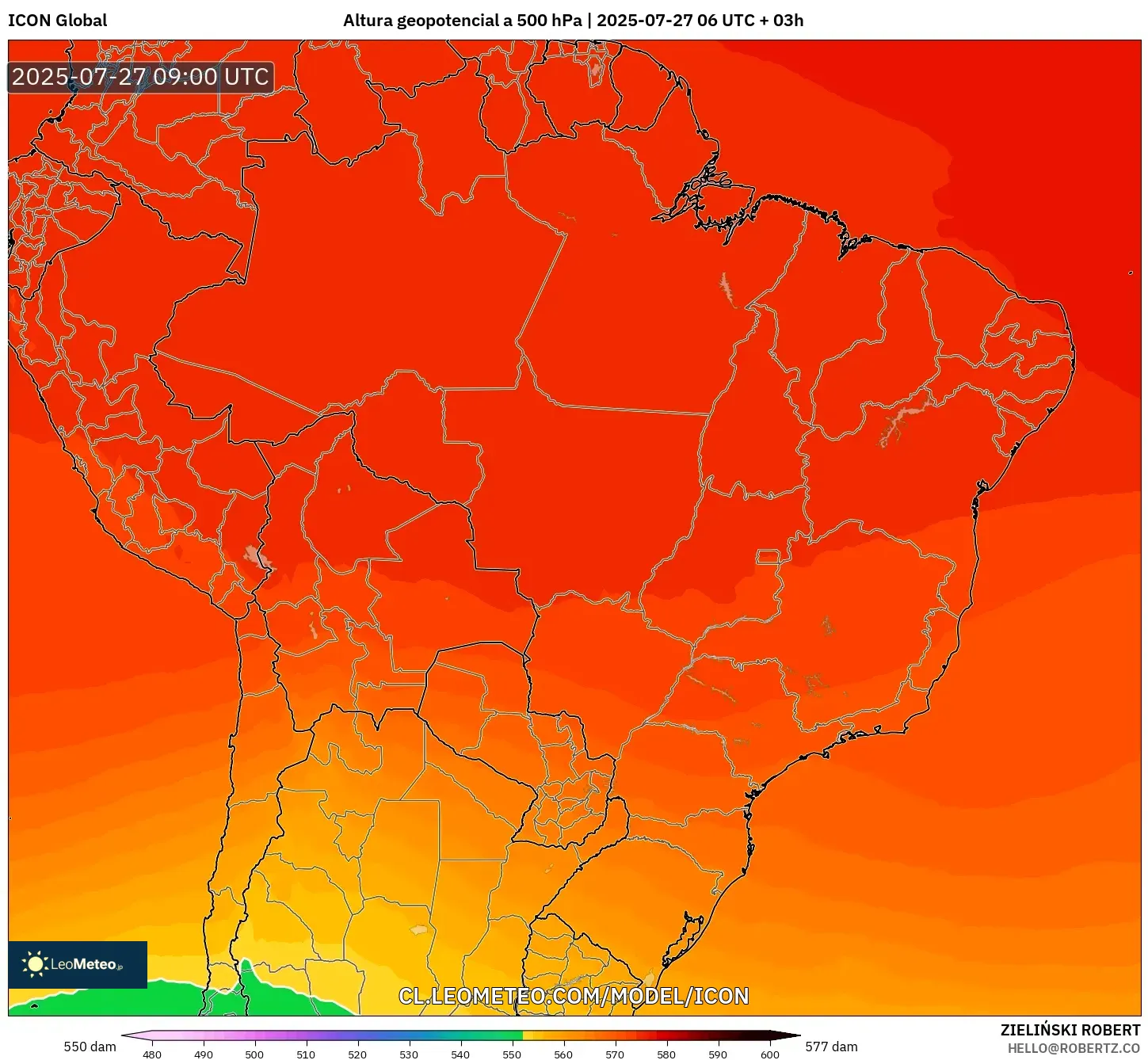 ICON model - Brasil, Altura geopotencial a 500 hPa ICON model - Brasil, Altura geopotencial a 500 hPa