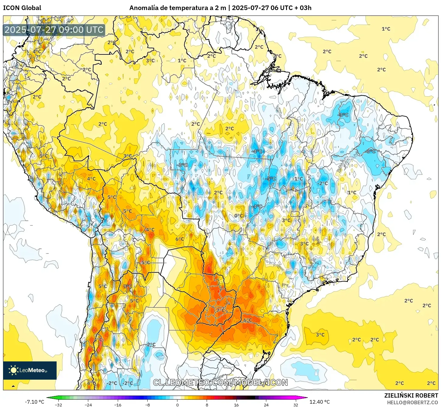 ICON model - Brasil, Anomalía de temperatura a 2 m ICON model - Brasil, Anomalía de temperatura a 2 m