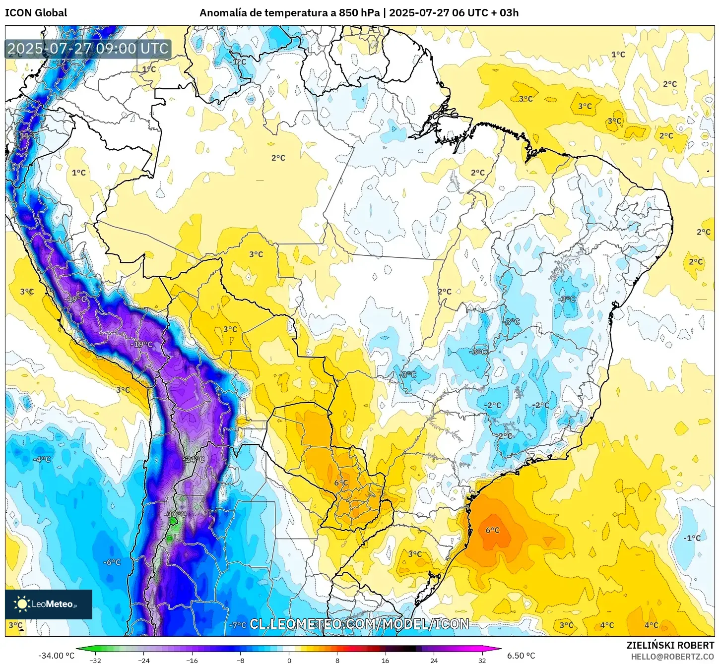 ICON model - Brasil, Anomalía de temperatura a 850 hPa ICON model - Brasil, Anomalía de temperatura a 850 hPa