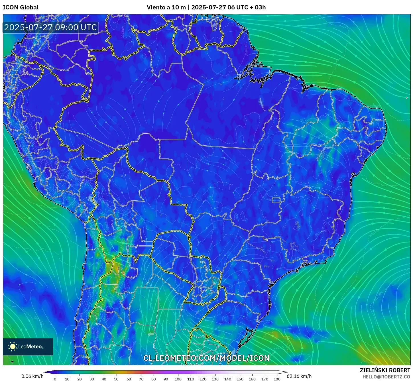 ICON model - Brasil, Viento a 10 m ICON model - Brasil, Viento a 10 m