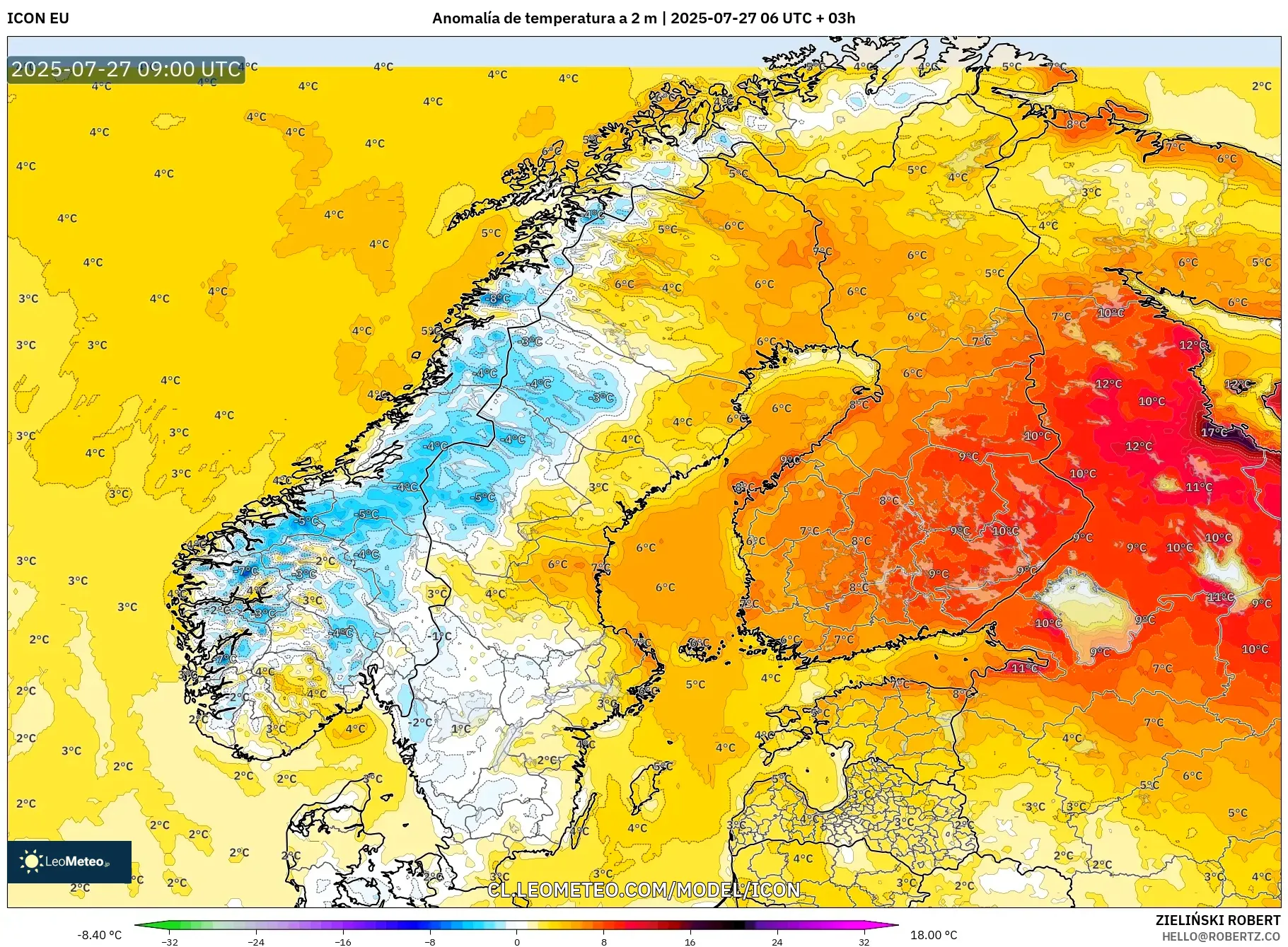 ICON model - Escandinavia, Anomalía de temperatura a 2 m ICON model - Escandinavia, Anomalía de temperatura a 2 m