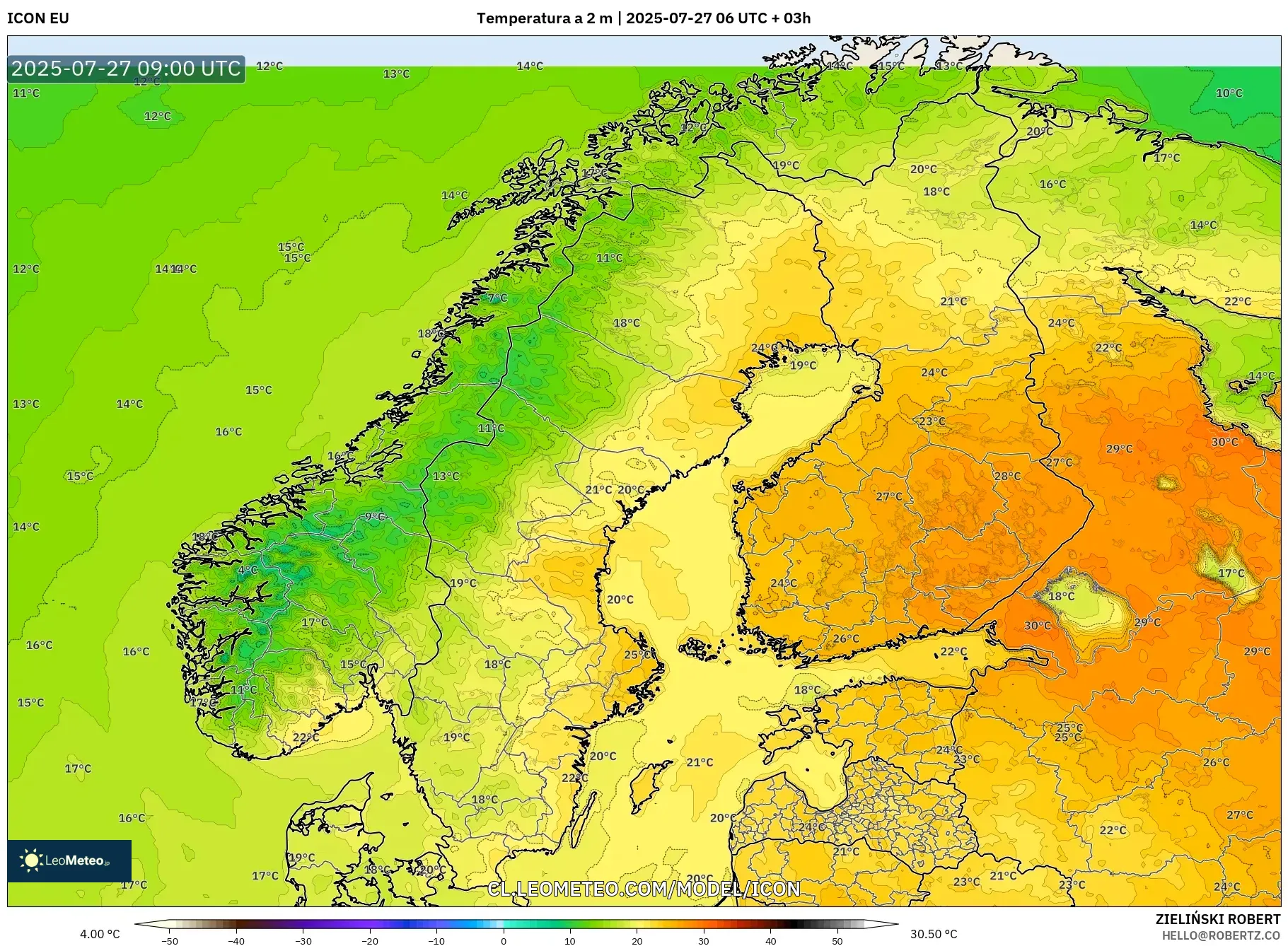 ICON model - Escandinavia, Temperatura a 2 m ICON model - Escandinavia, Temperatura a 2 m